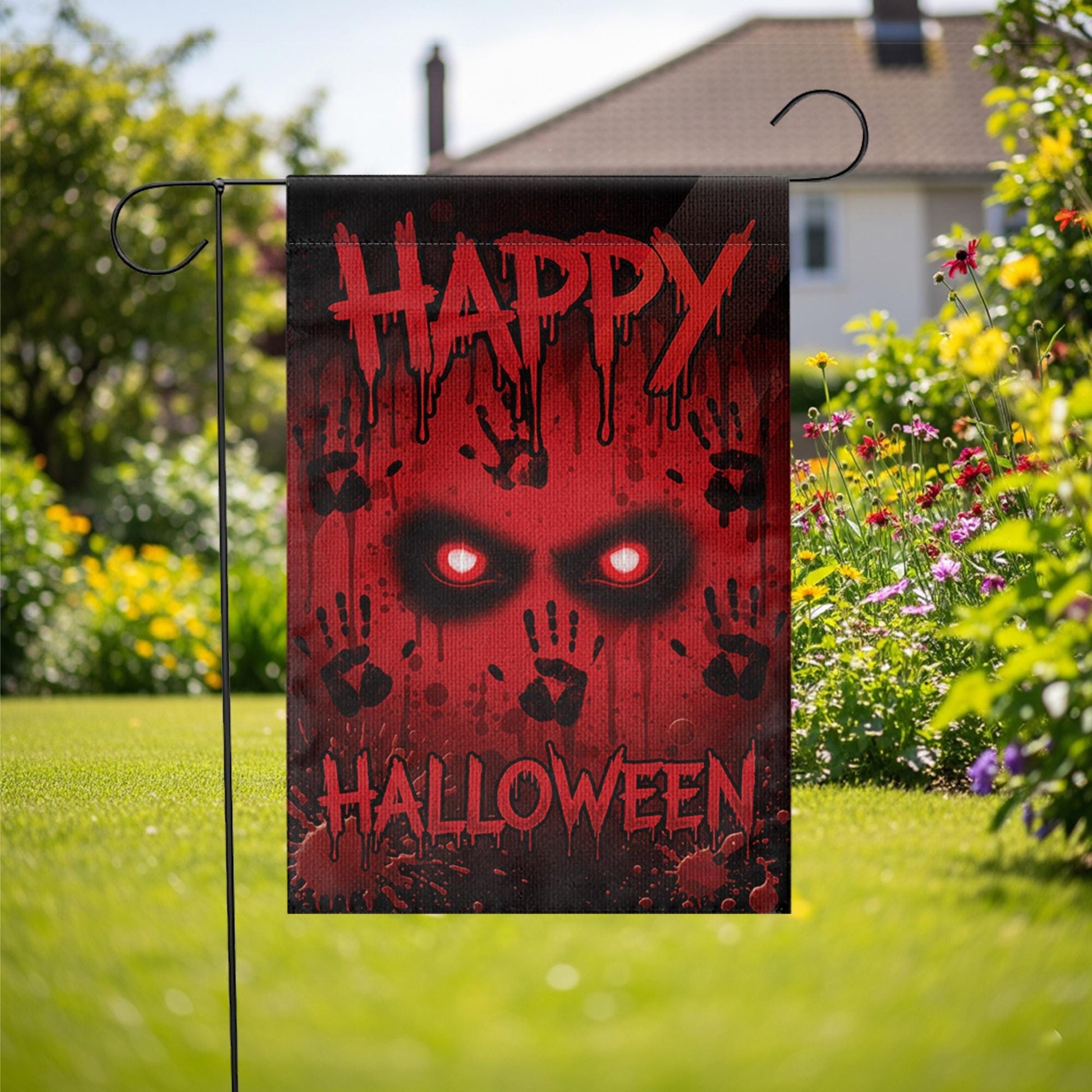 Bloody Eyes Halloween Garden Flag, Spooky Red Handprint Yard Decor, Happy Halloween Banner