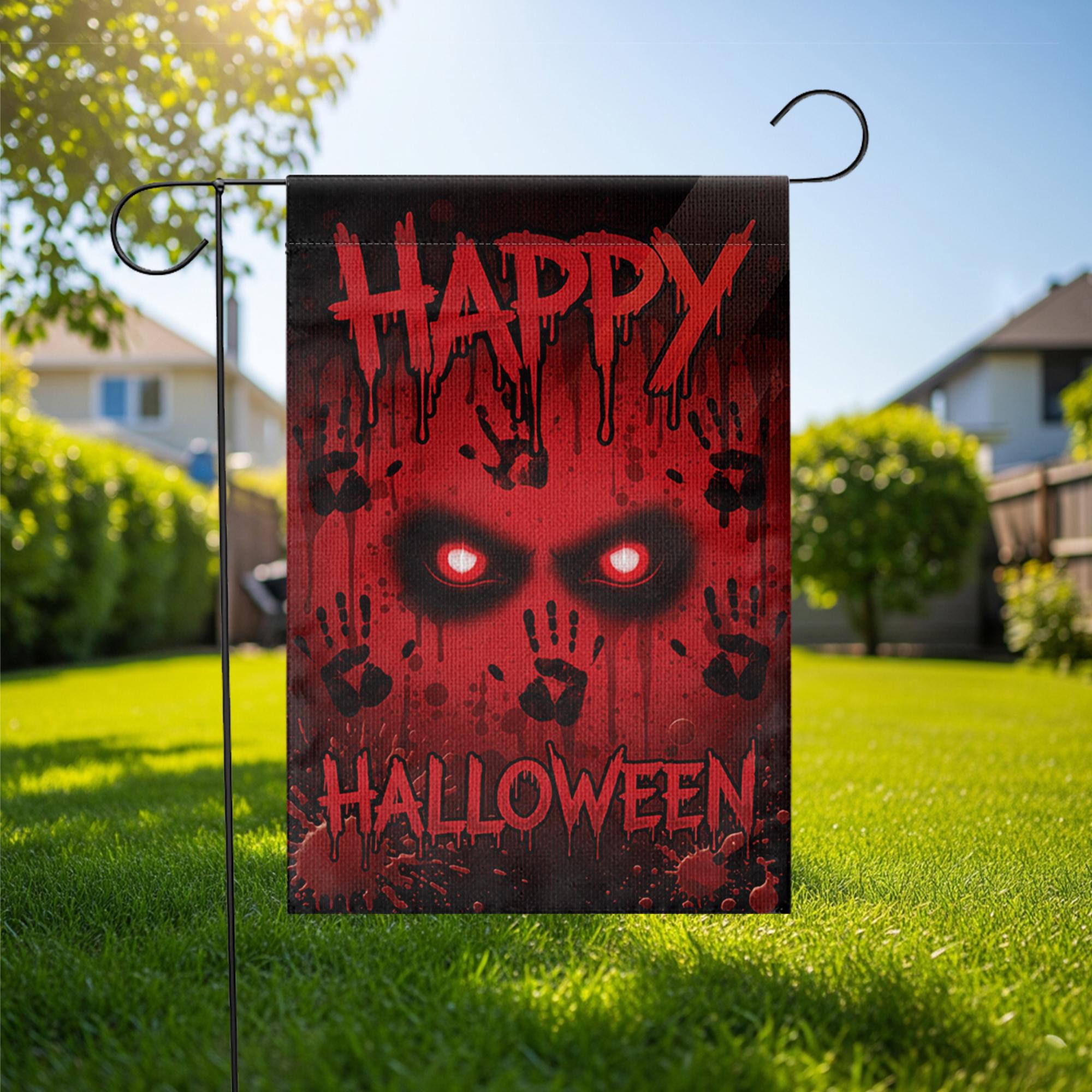 Bloody Eyes Halloween Garden Flag, Spooky Red Handprint Yard Decor, Happy Halloween Banner
