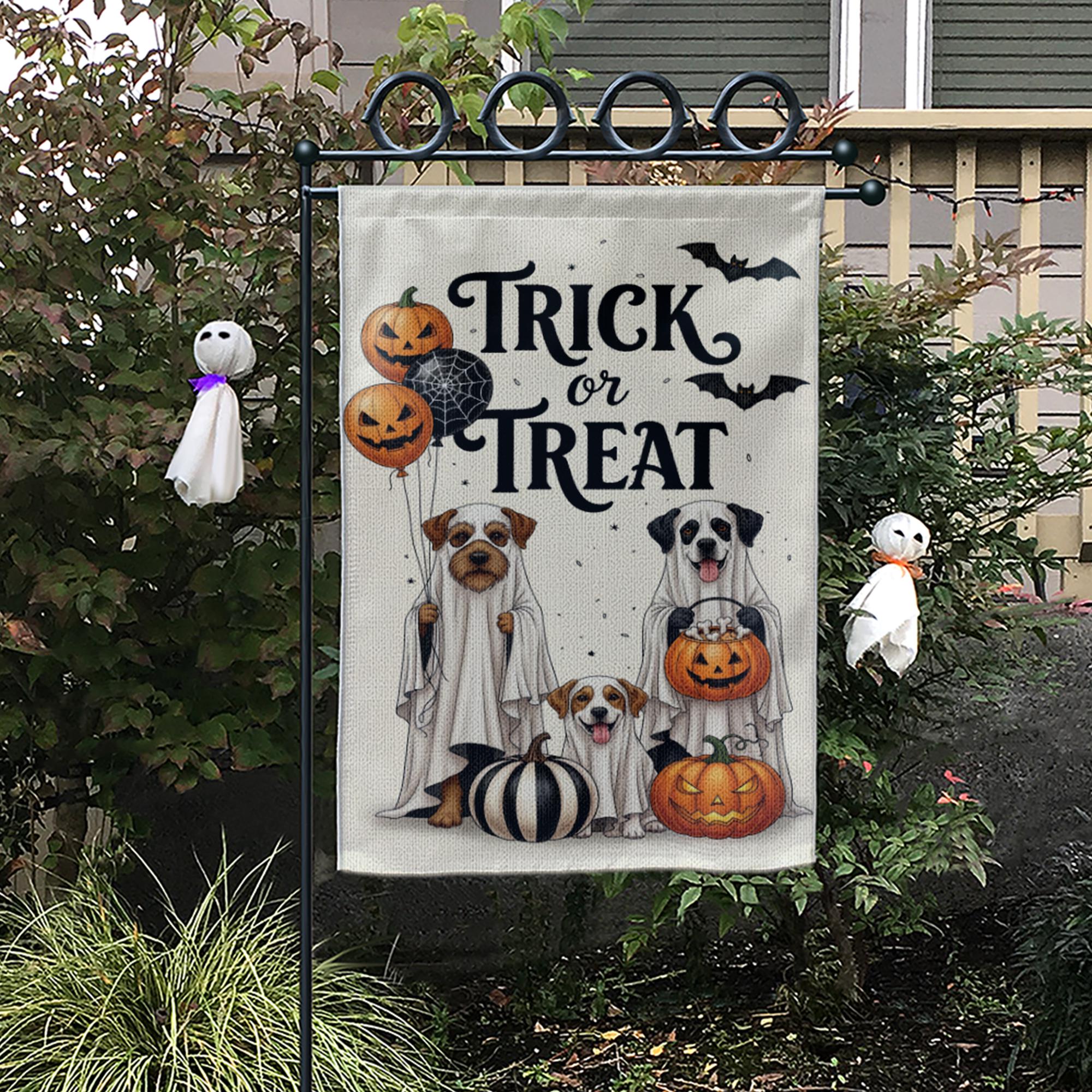 Trick or Treat Dog Garden Flag, Halloween Ghost Dogs Yard Decor, Spooky Pet Lover Banner