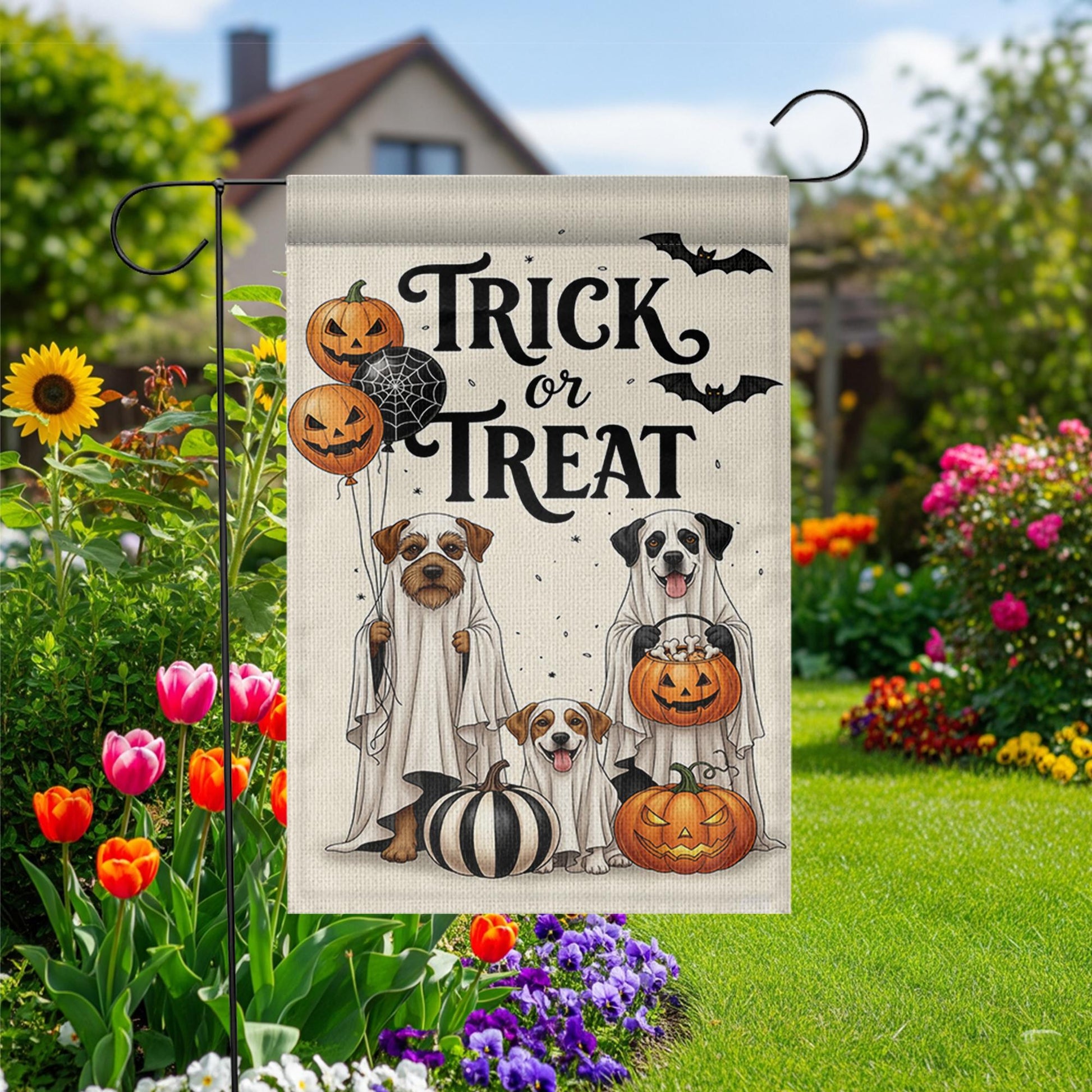 Trick or Treat Dog Garden Flag, Halloween Ghost Dogs Yard Decor, Spooky Pet Lover Banner