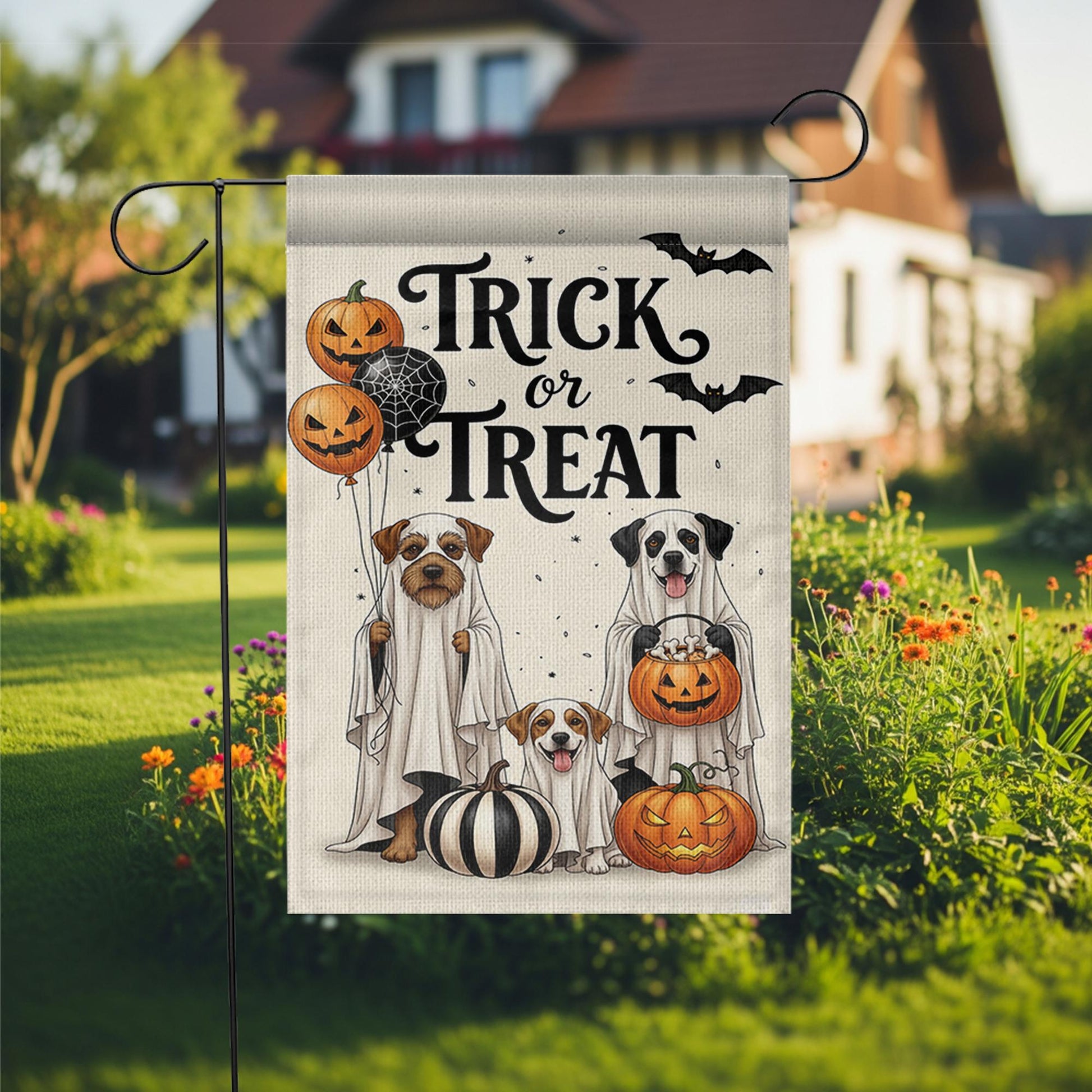 Trick or Treat Dog Garden Flag, Halloween Ghost Dogs Yard Decor, Spooky Pet Lover Banner