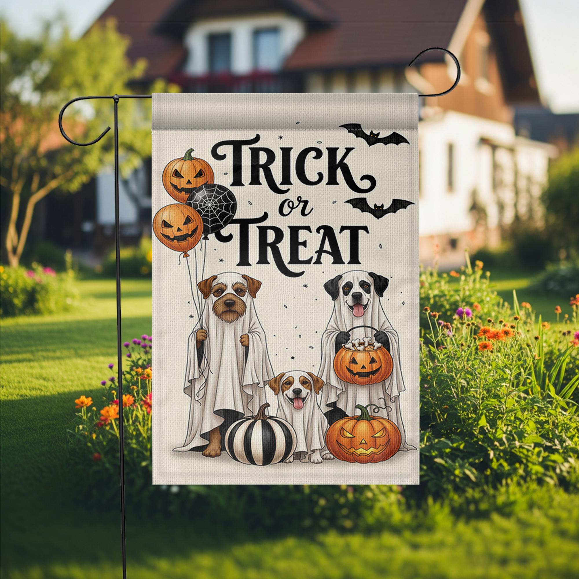 Trick or Treat Dog Garden Flag, Halloween Ghost Dogs Yard Decor, Spooky Pet Lover Banner