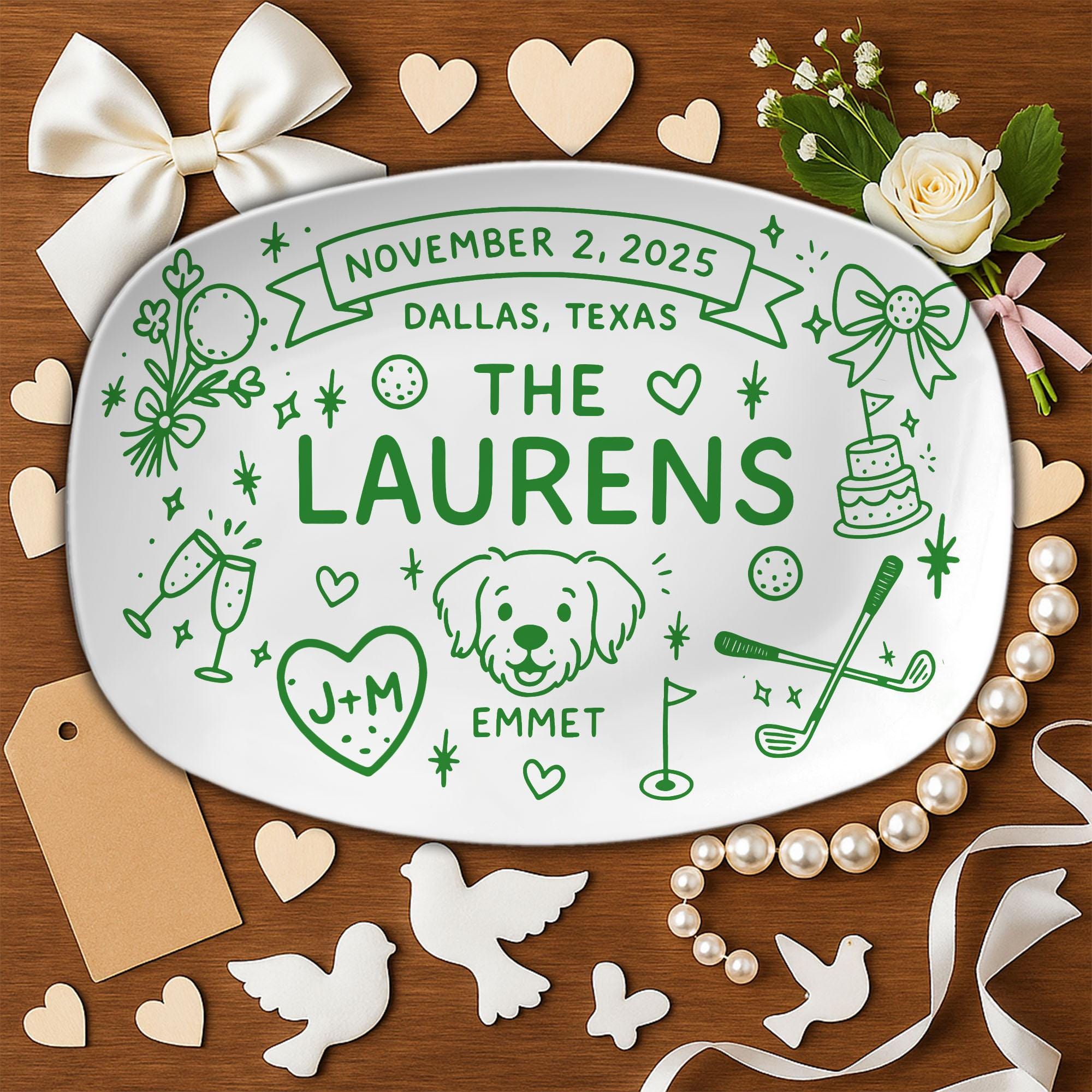 Custom Golf Wedding Platter - Personalized Couple Name Plate with Dog & Date, Bachelor Party Decor, Wedding Gift for Golf Lovers, DECOR ONLY