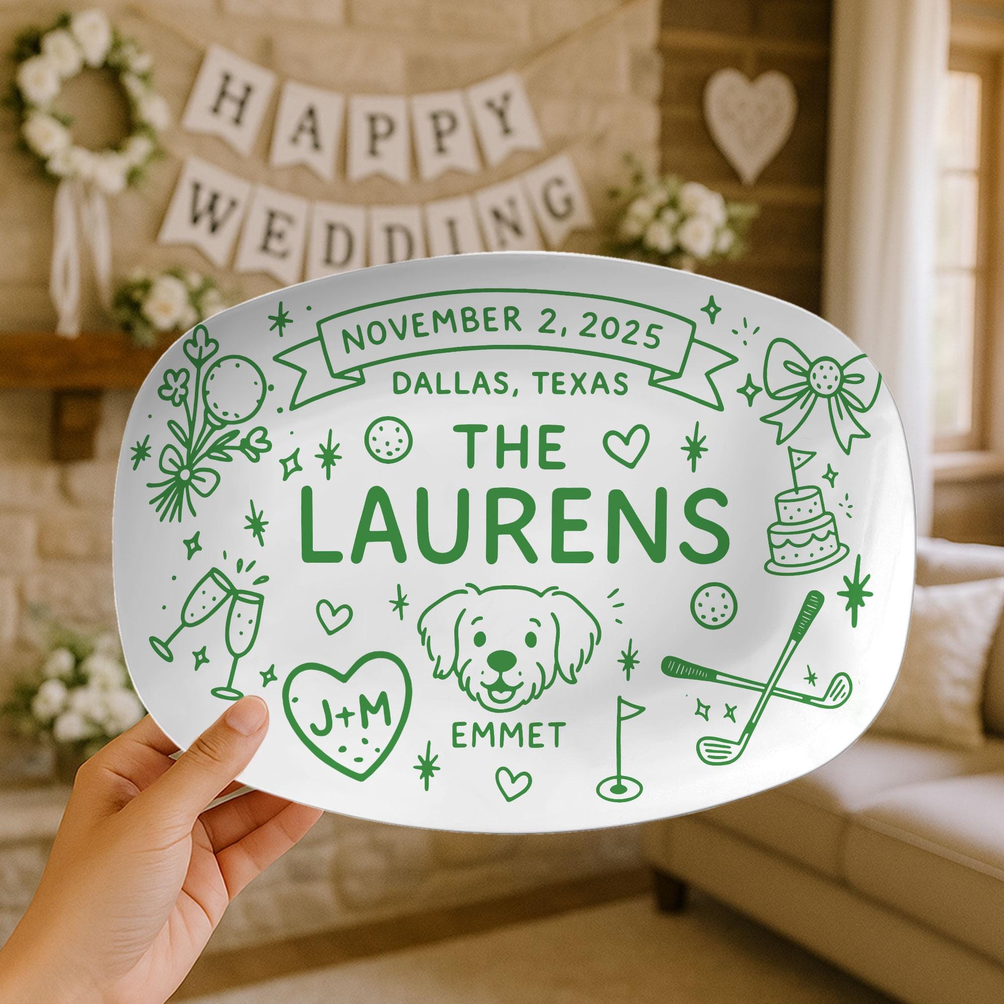 Custom Golf Wedding Platter - Personalized Couple Name Plate with Dog & Date, Bachelor Party Decor, Wedding Gift for Golf Lovers, DECOR ONLY