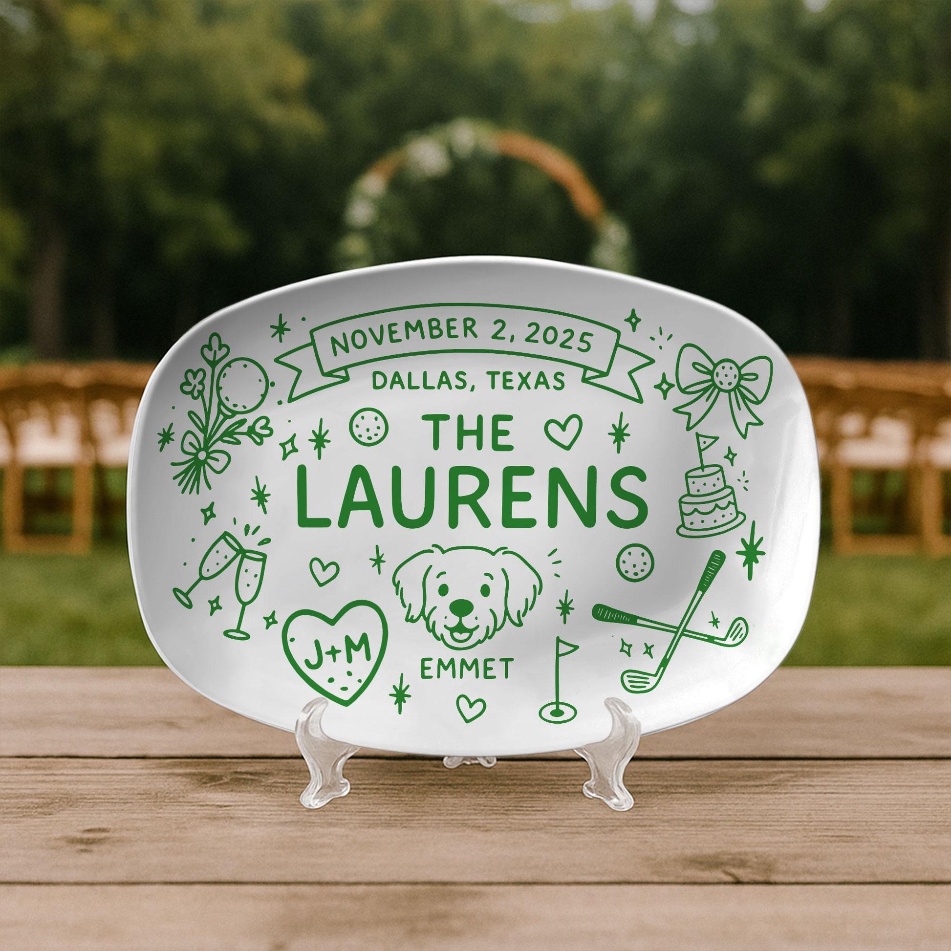 Custom Golf Wedding Platter - Personalized Couple Name Plate with Dog & Date, Bachelor Party Decor, Wedding Gift for Golf Lovers, DECOR ONLY