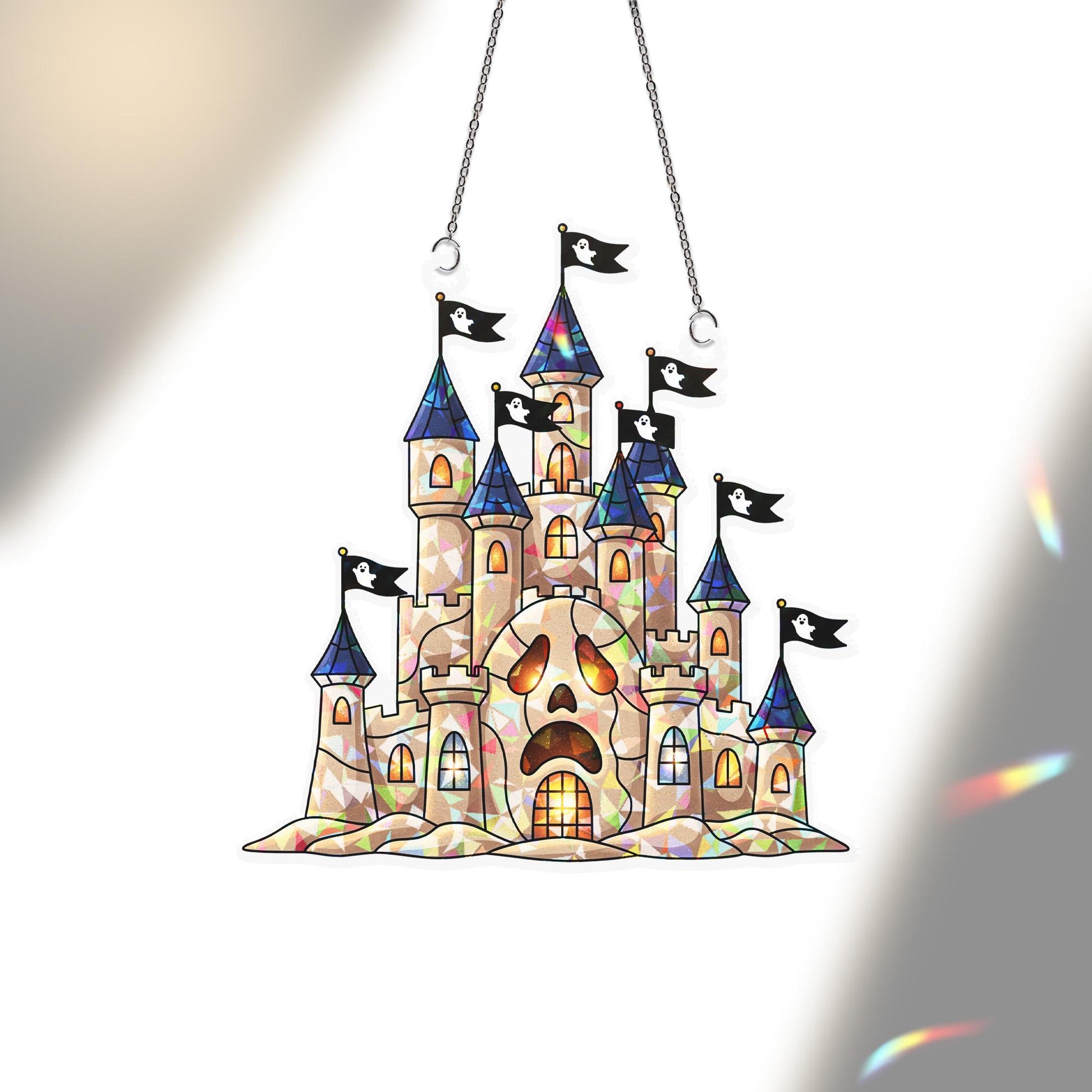Haunted Castle Sun Catcher, Spooky Ghost Flag Window Decor, Halloween Stained Glass Style Prism