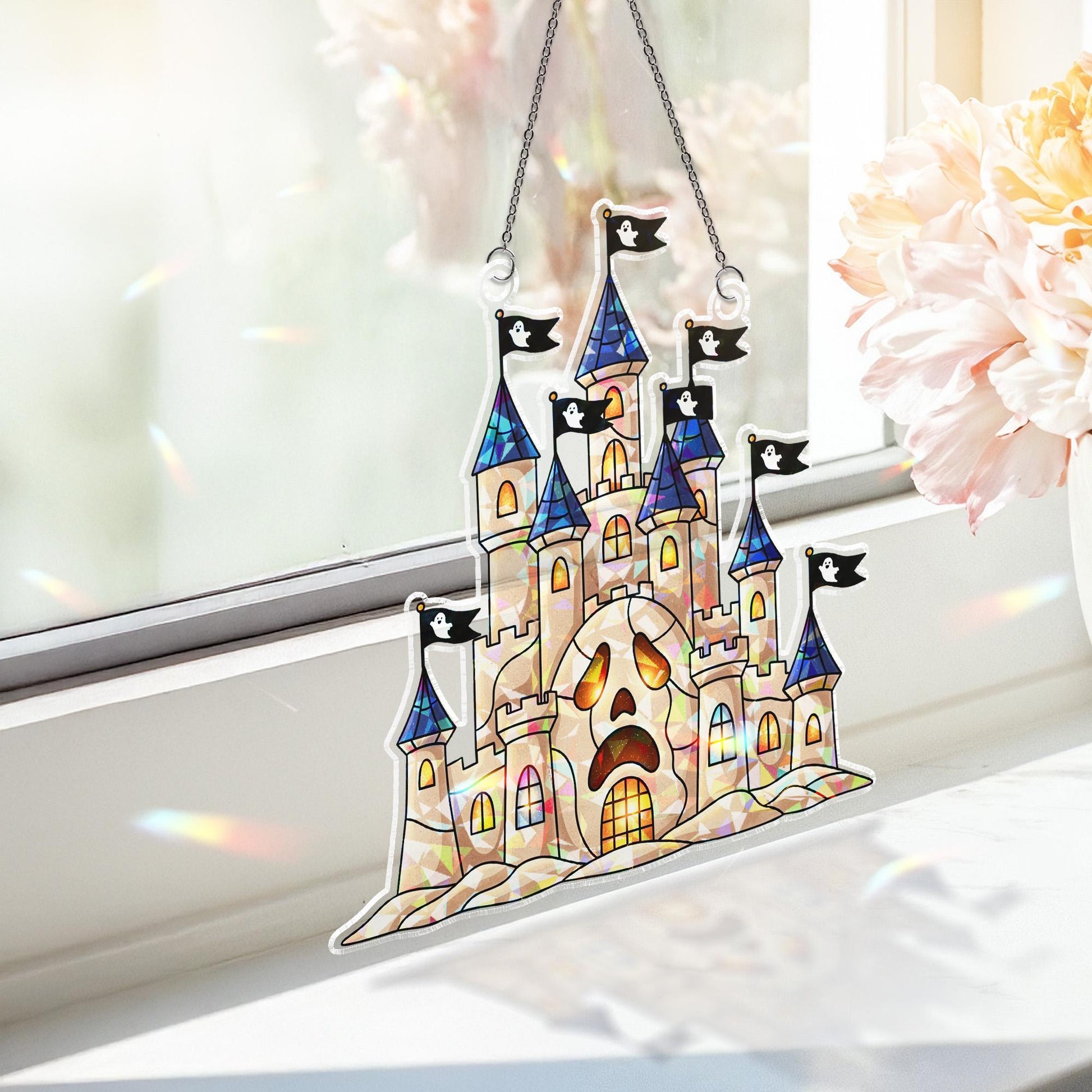 Haunted Castle Sun Catcher, Spooky Ghost Flag Window Decor, Halloween Stained Glass Style Prism