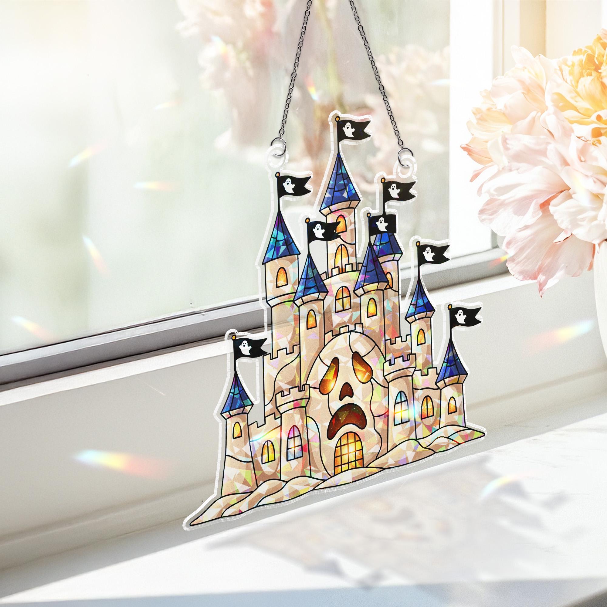 Haunted Castle Sun Catcher, Spooky Ghost Flag Window Decor, Halloween Stained Glass Style Prism