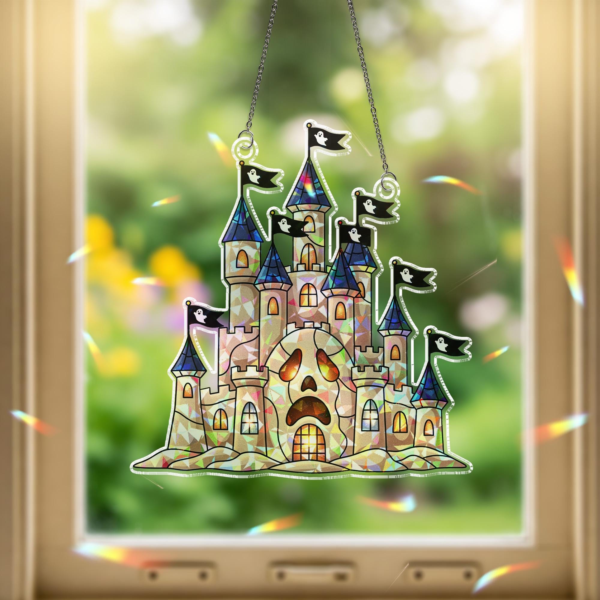 Haunted Castle Suncatcher, Spooky Ghost Flag Window Decor, Halloween Stained Glass Style Prism