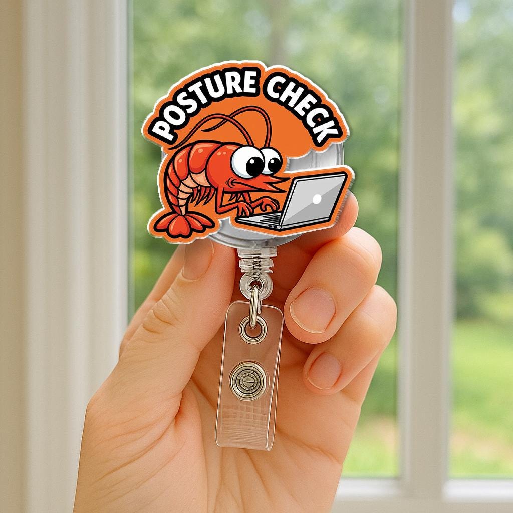 Funny Shrimp Posture Check Badge Reel, Humorous Retractable ID Holder, Cute Gift for Nurse, Teacher, Office Worker, Desk Job Humor