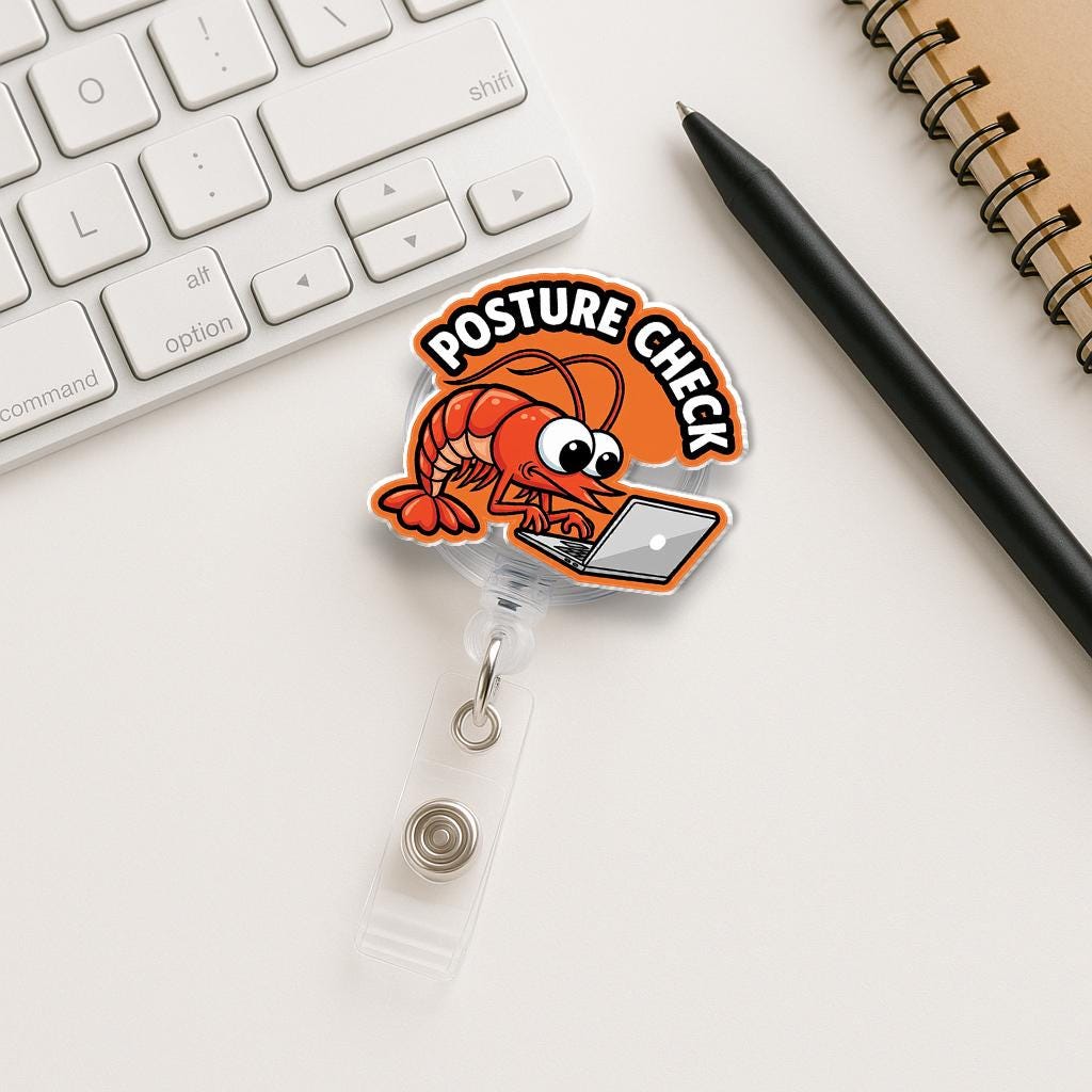 Funny Shrimp Posture Check Badge Reel, Humorous Retractable ID Holder, Cute Gift for Nurse, Teacher, Office Worker, Desk Job Humor