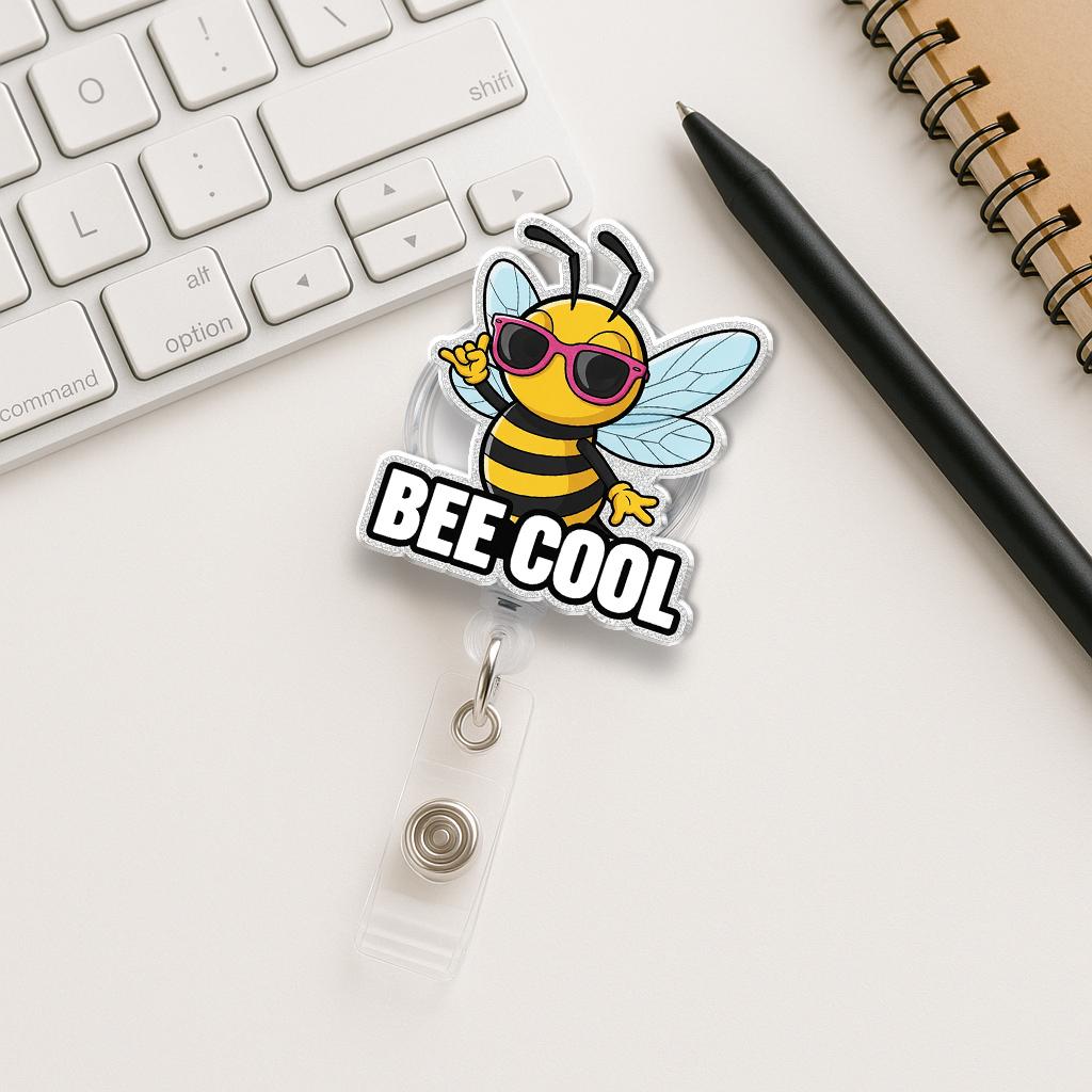 Bee Cool Badge Reel, Funny Bumblebee Pun ID Holder with Sunglasses, Sparkly Retractable Badge for Nurse, Teacher, Office Gift for Her