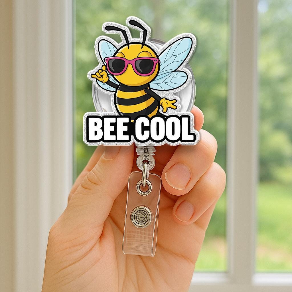 Bee Cool Badge Reel, Funny Bumblebee Pun ID Holder with Sunglasses, Sparkly Retractable Badge for Nurse, Teacher, Office Gift for Her