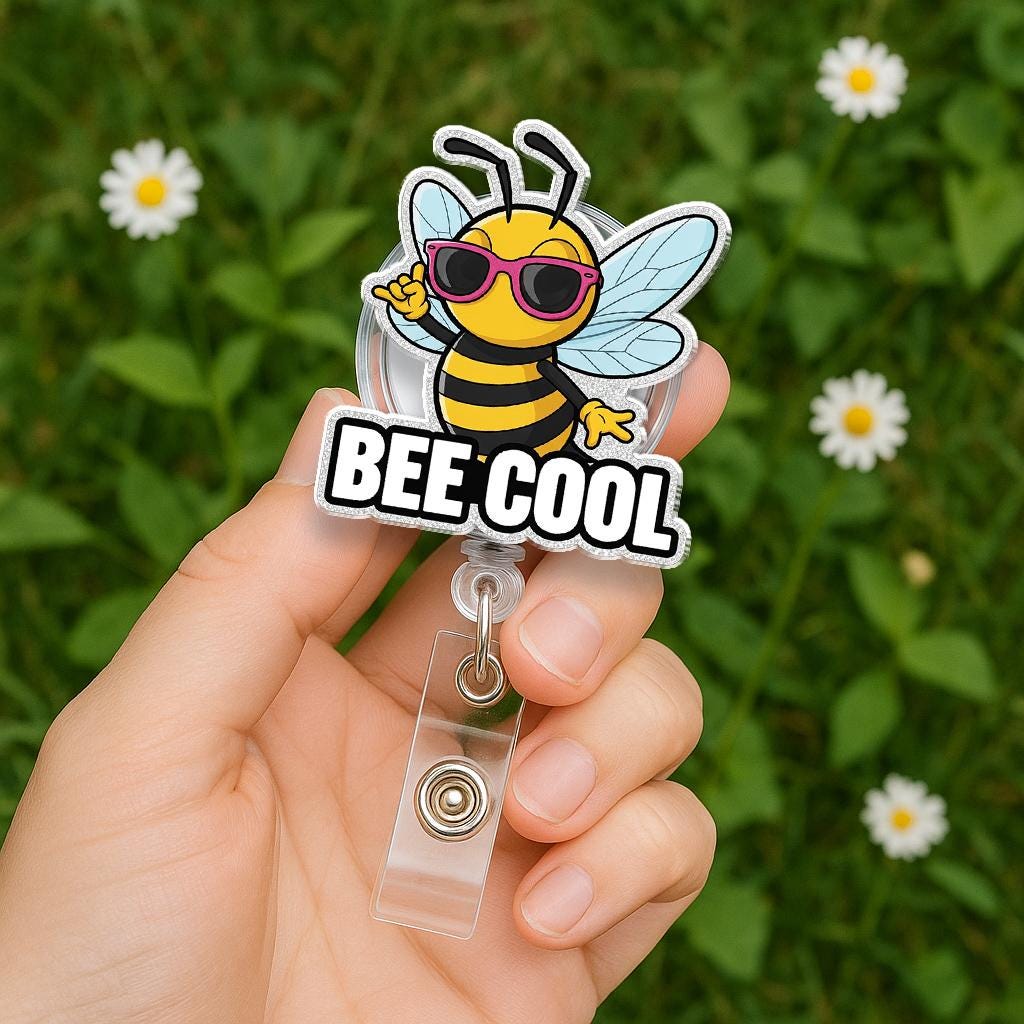 Bee Cool Badge Reel, Funny Bumblebee Pun ID Holder with Sunglasses, Sparkly Retractable Badge for Nurse, Teacher, Office Gift for Her