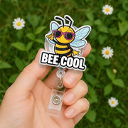 Bee Cool Badge Reel, Funny Bumblebee Pun ID Holder with Sunglasses, Sparkly Retractable Badge for Nurse, Teacher, Office Gift for Her