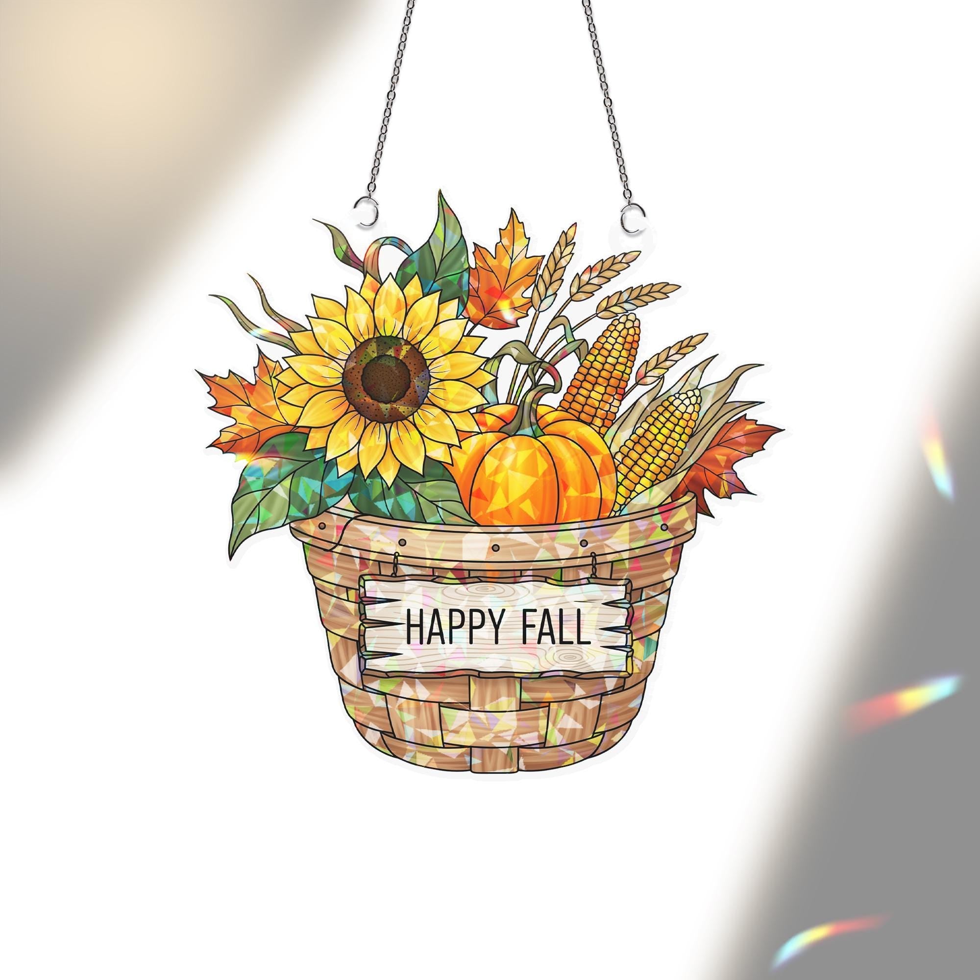 Happy Fall Basket Holographic Suncatcher – Sunflower, Pumpkin & Corn Window Hanging, Autumn Farmhouse Decor, Stained Glass Style Fall Art
