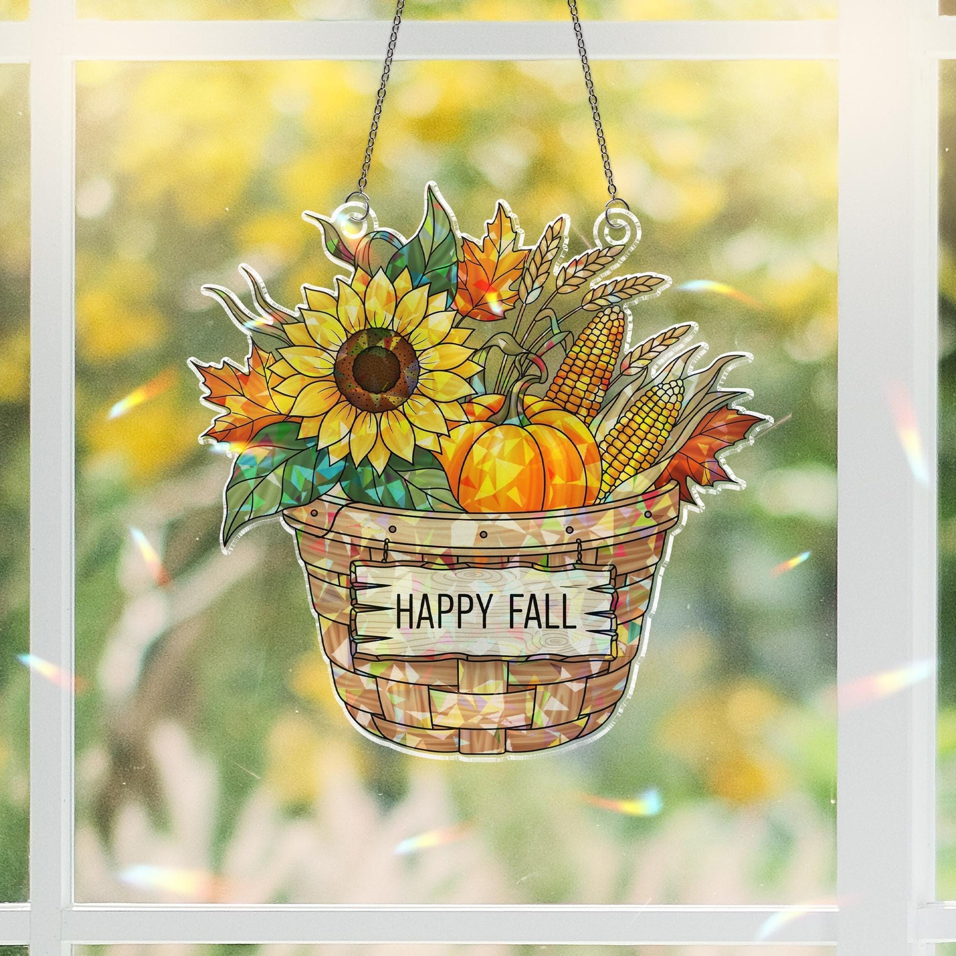 Happy Fall Basket Holographic Suncatcher – Sunflower, Pumpkin & Corn Window Hanging, Autumn Farmhouse Decor, Stained Glass Style Fall Art