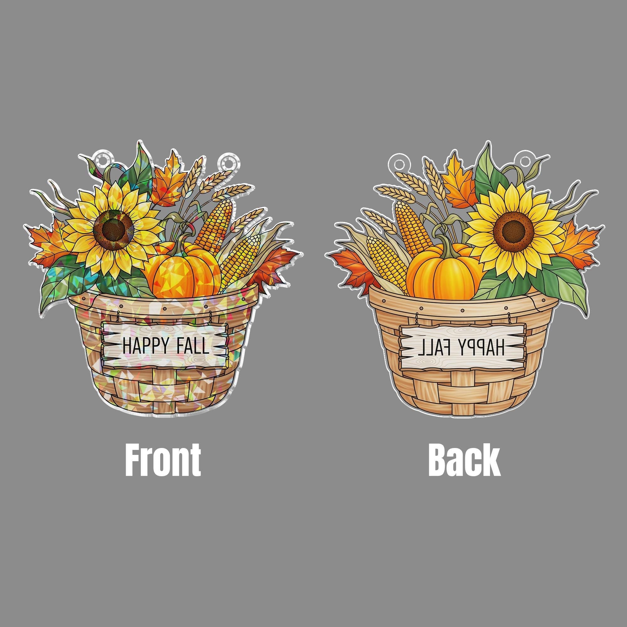 Happy Fall Basket Holographic Suncatcher – Sunflower, Pumpkin & Corn Window Hanging, Autumn Farmhouse Decor, Stained Glass Style Fall Art