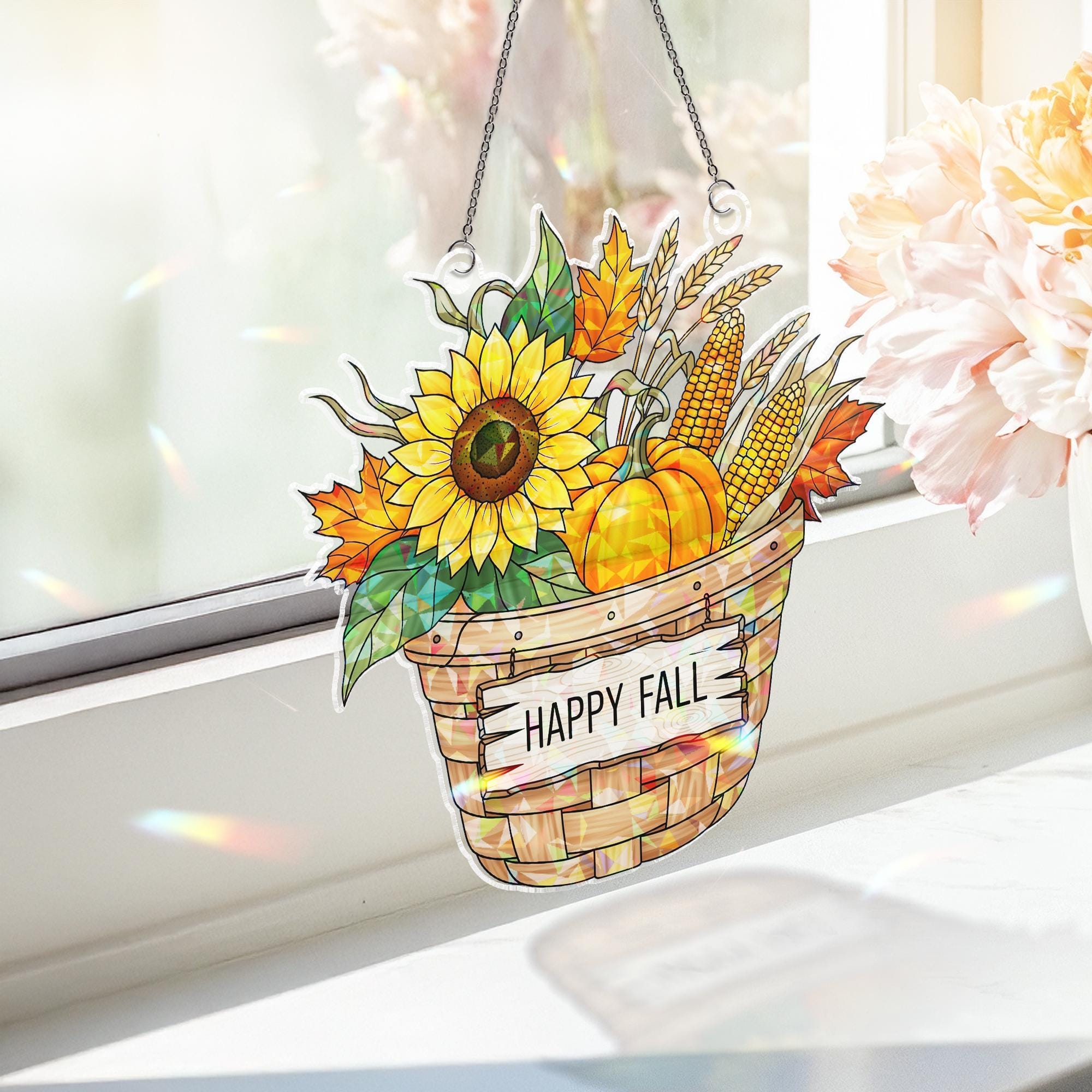 Happy Fall Basket Holographic Suncatcher – Sunflower, Pumpkin & Corn Window Hanging, Autumn Farmhouse Decor, Stained Glass Style Fall Art