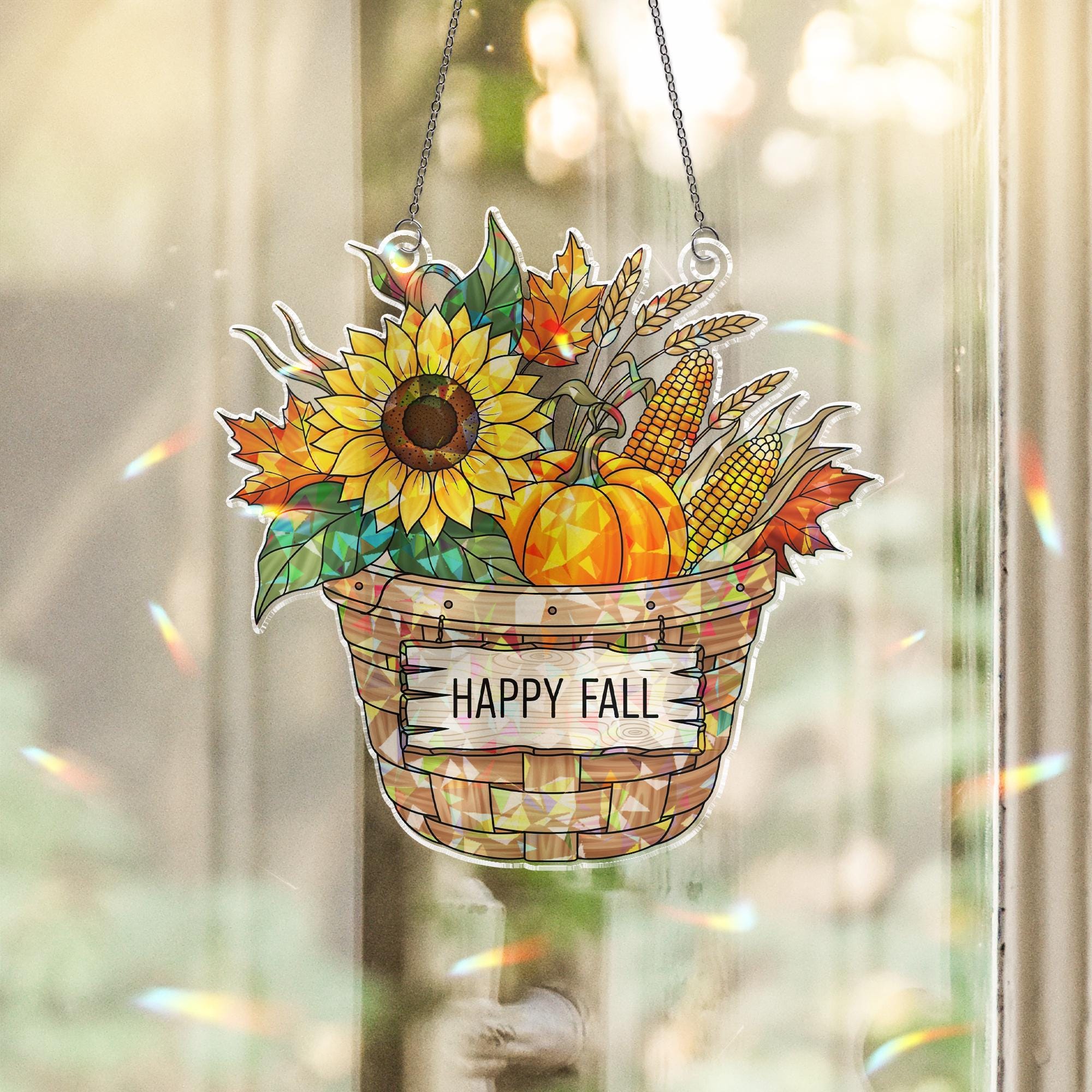 Happy Fall Basket Holographic Suncatcher – Sunflower, Pumpkin & Corn Window Hanging, Autumn Farmhouse Decor, Stained Glass Style Fall Art