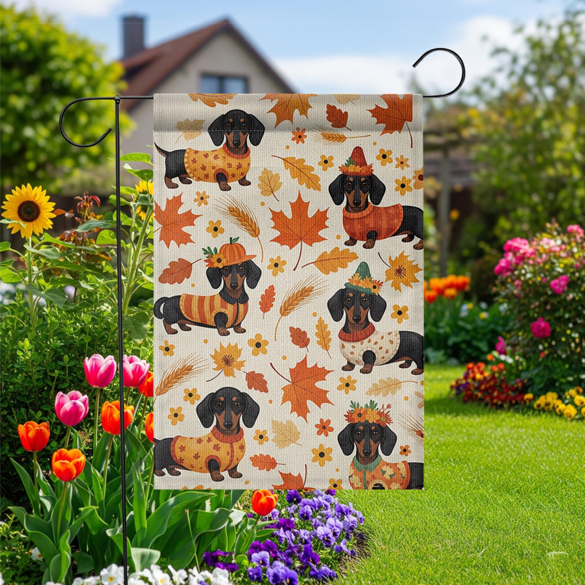 Fall Dachshund Garden Flag – Cute Autumn Wiener Dog Yard Decor, Seasonal Welcome Sign with Pumpkins & Leaves, Thanksgiving Pet Banner