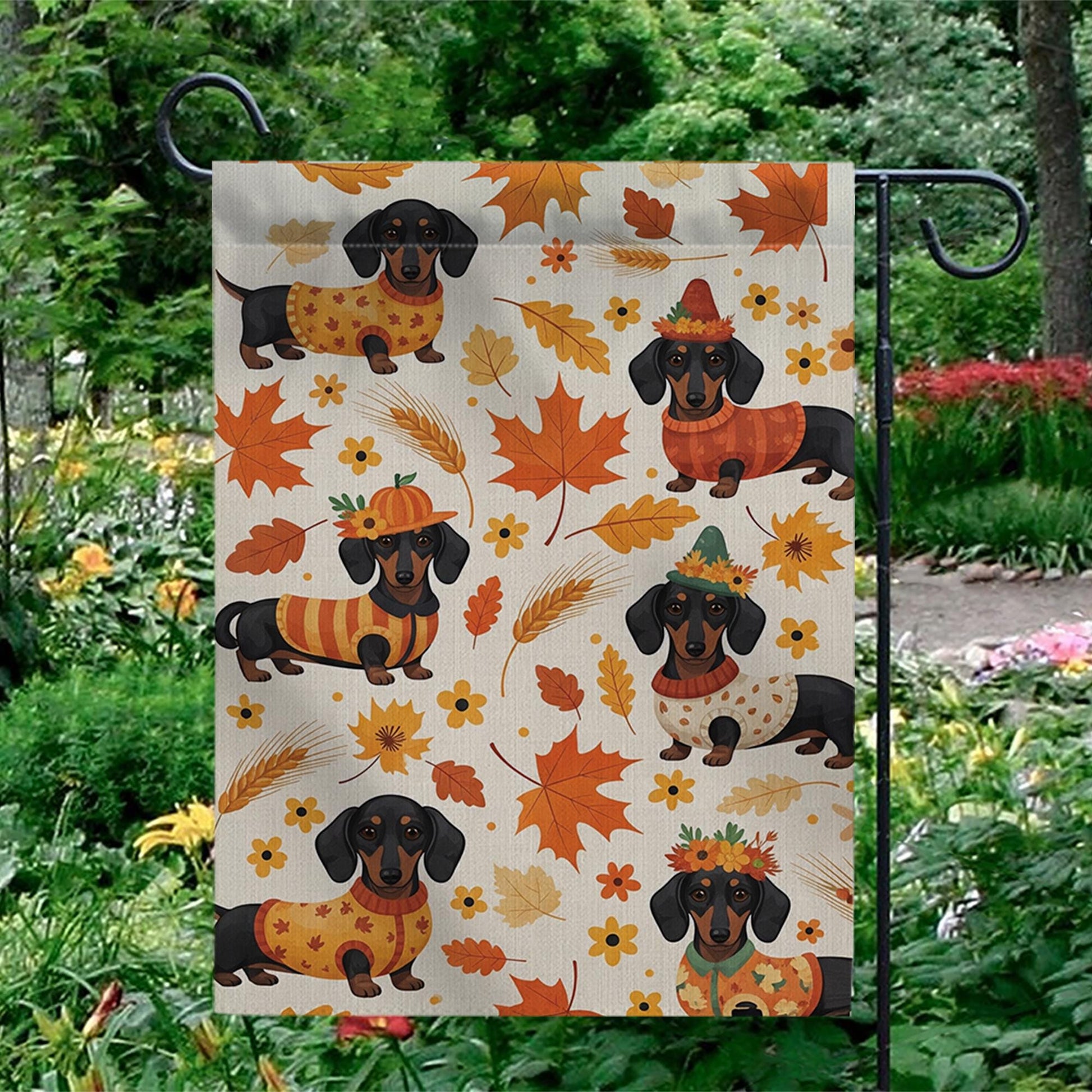 Fall Dachshund Garden Flag – Cute Autumn Wiener Dog Yard Decor, Seasonal Welcome Sign with Pumpkins & Leaves, Thanksgiving Pet Banner