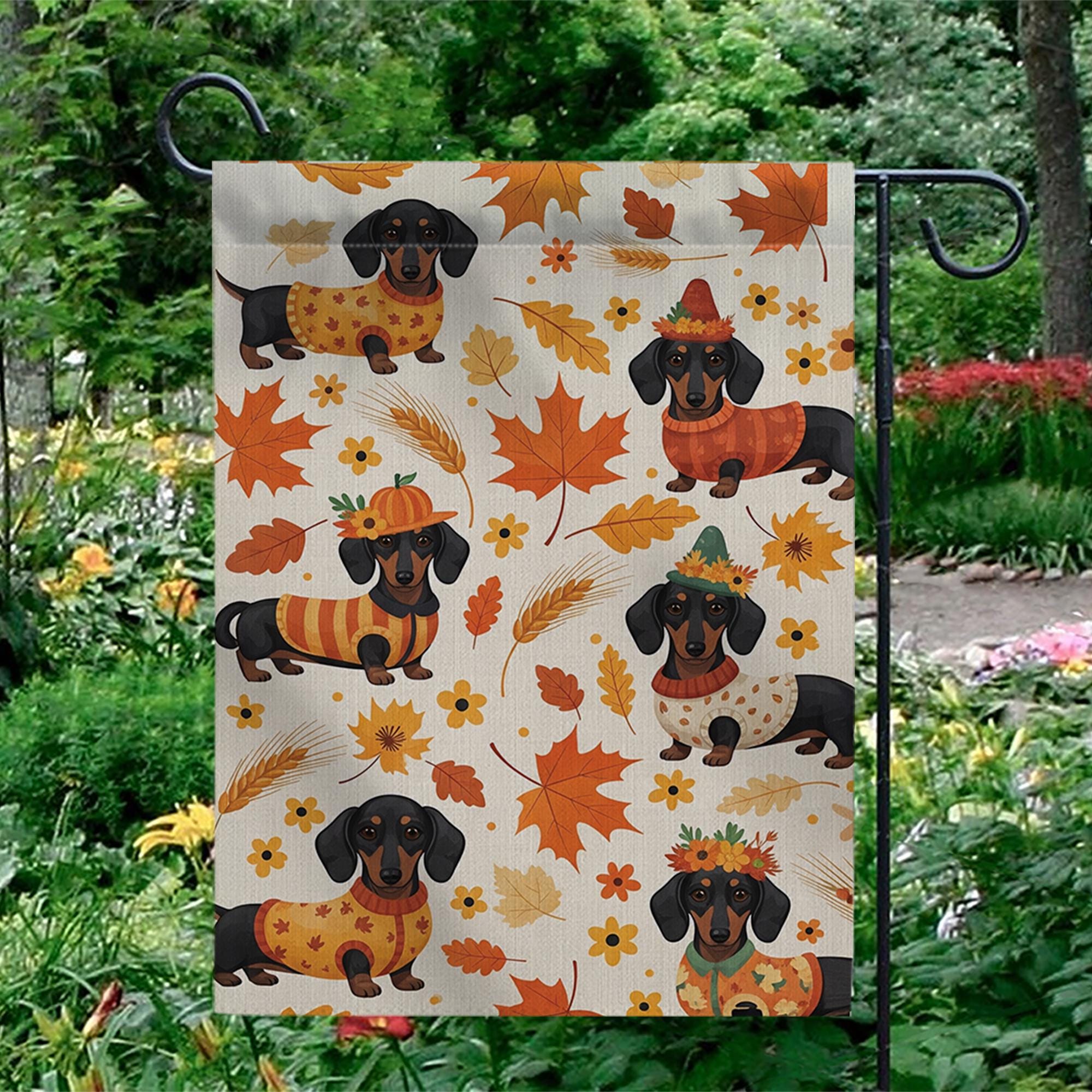 Fall Dachshund Garden Flag – Cute Autumn Wiener Dog Yard Decor, Seasonal Welcome Sign with Pumpkins & Leaves, Thanksgiving Pet Banner