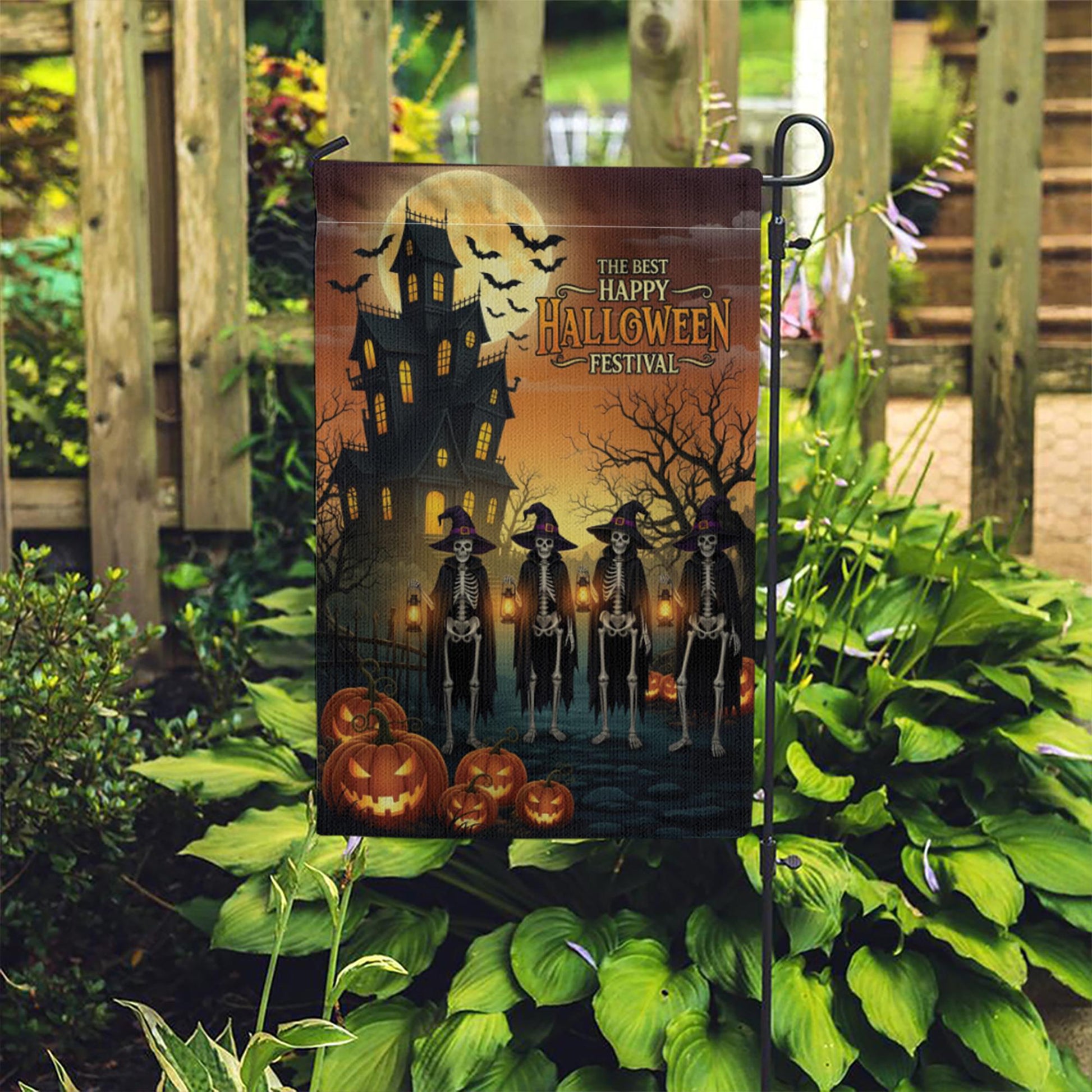 Halloween Garden Flag – Skeleton Witches Outdoor Decor, Haunted House Yard Sign, Fall Spooky Decoration