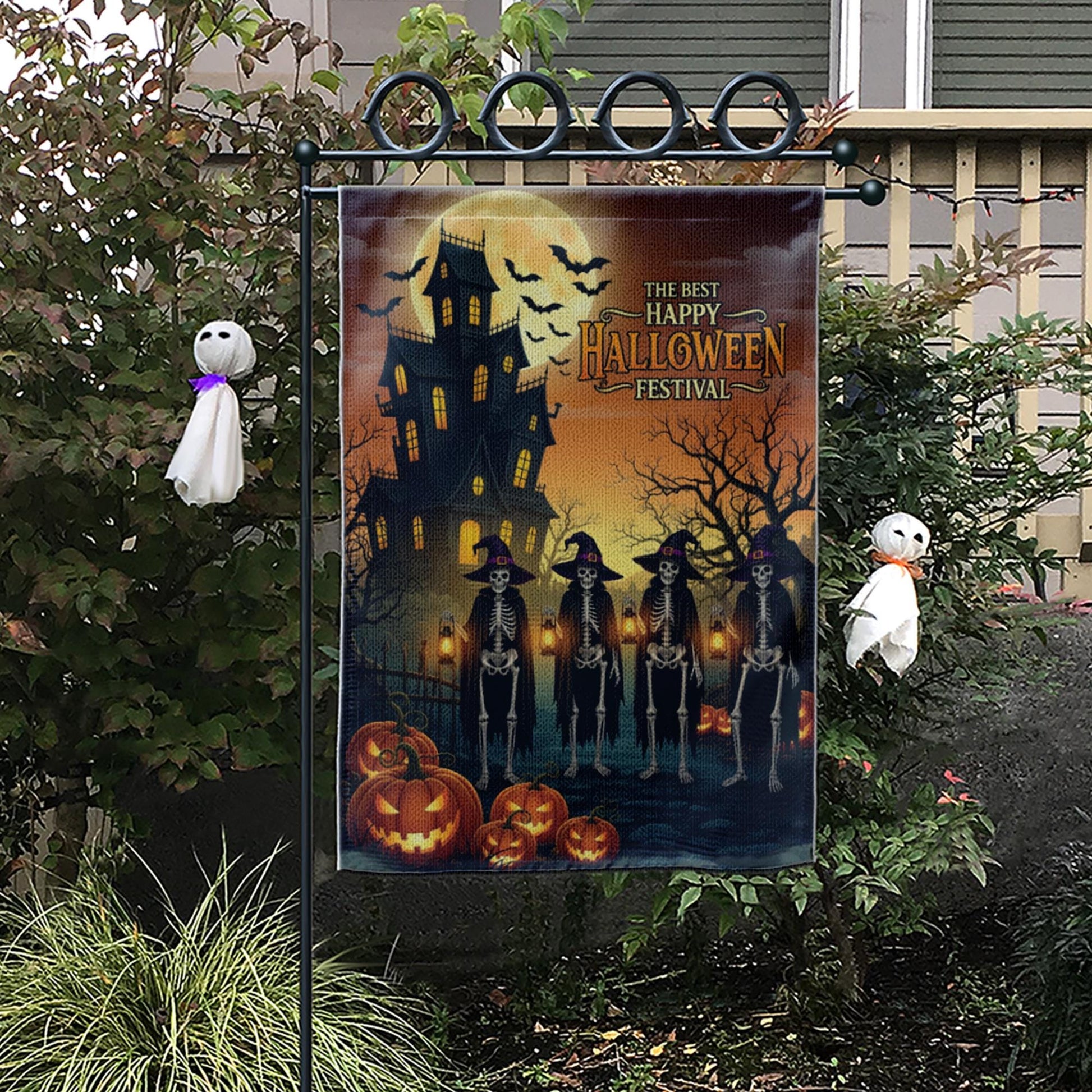 Halloween Garden Flag – Skeleton Witches Outdoor Decor, Haunted House Yard Sign, Fall Spooky Decoration