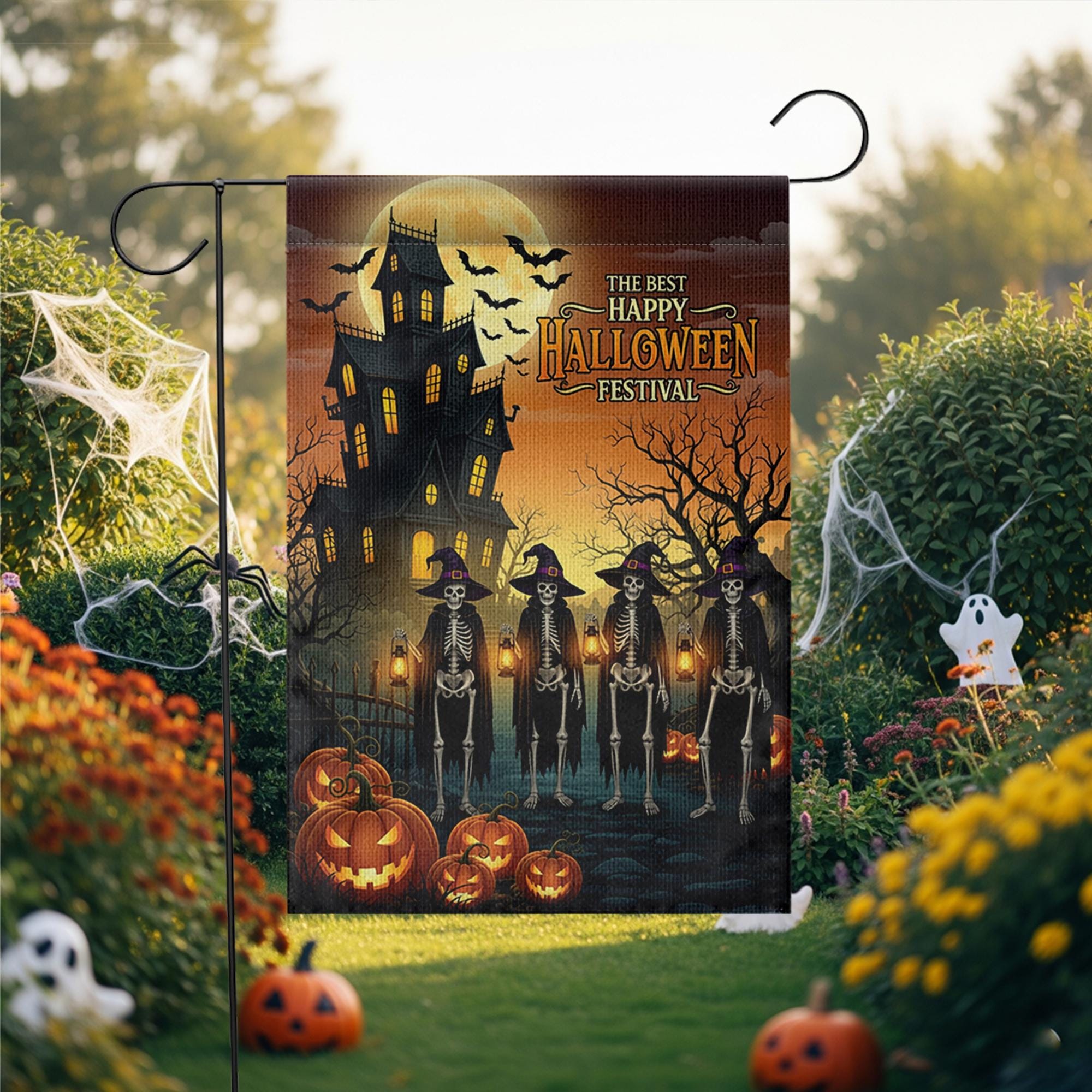 Halloween Garden Flag – Skeleton Witches Outdoor Decor, Haunted House Yard Sign, Fall Spooky Decoration