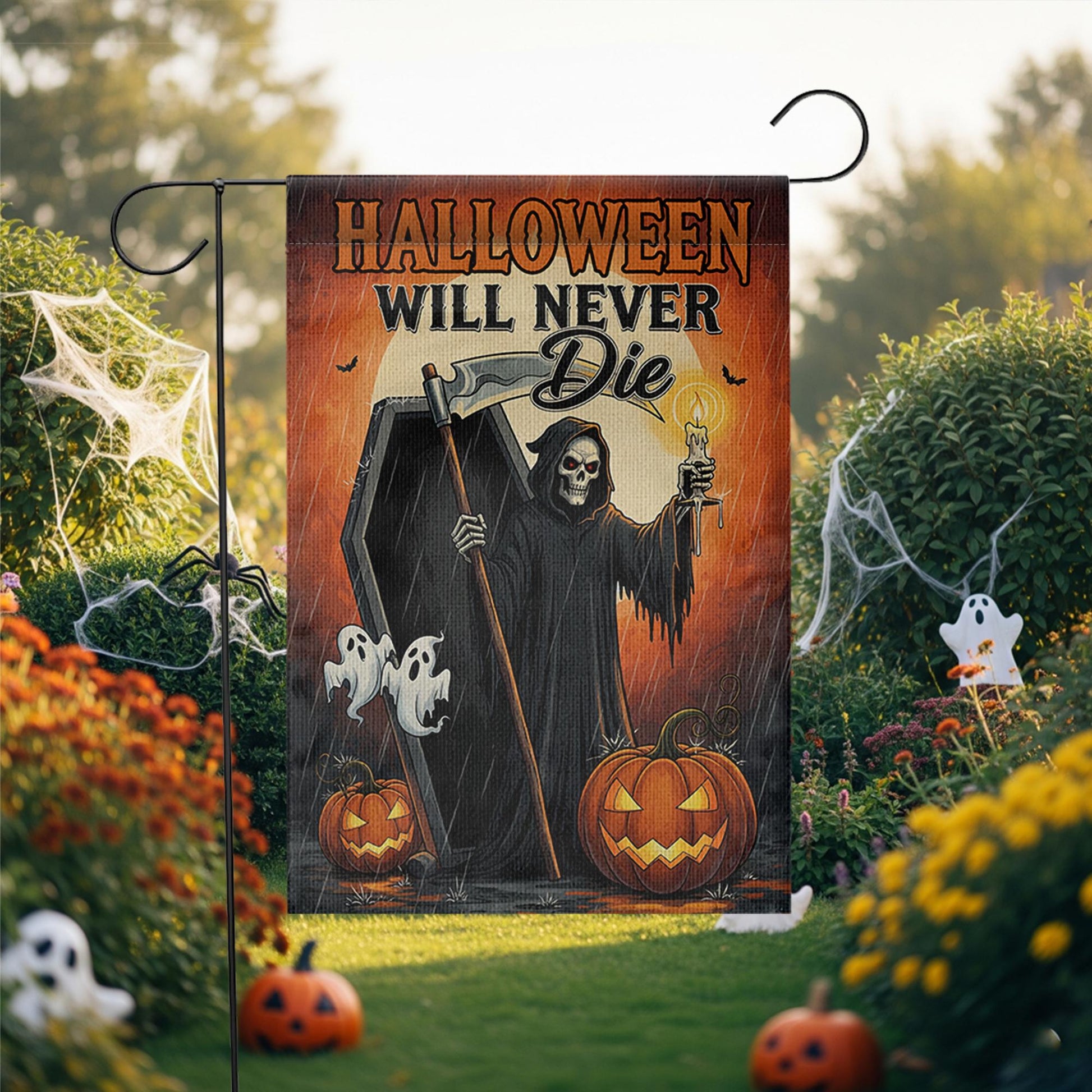 Grim Reaper Halloween Garden Flag – Scary Yard Decor, Coffin & Ghost Outdoor Sign, Spooky Fall Decoration