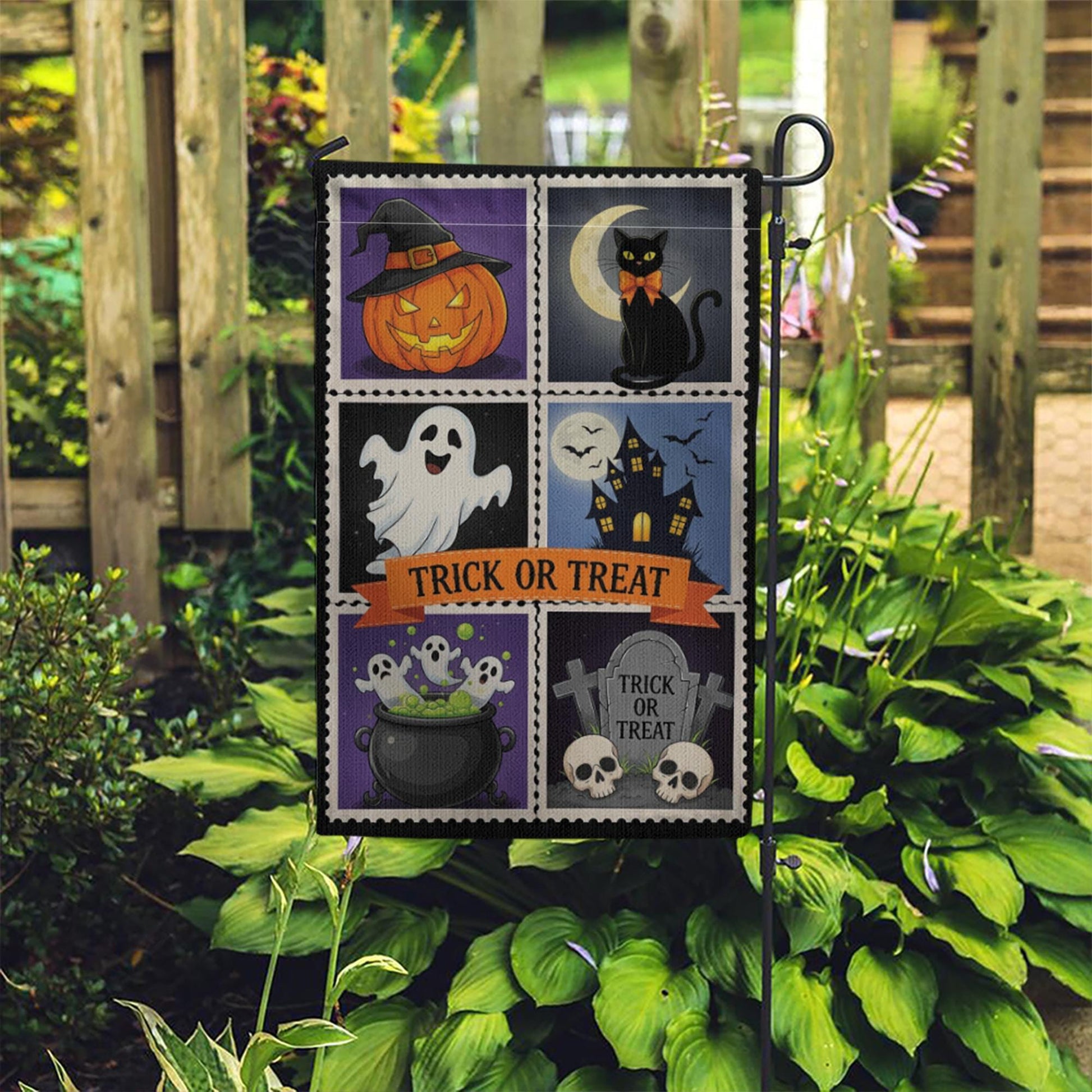 Trick or Treat Halloween Garden Flag – Cute Spooky Yard Decor with Ghost, Cat, Pumpkin & Cauldron Design