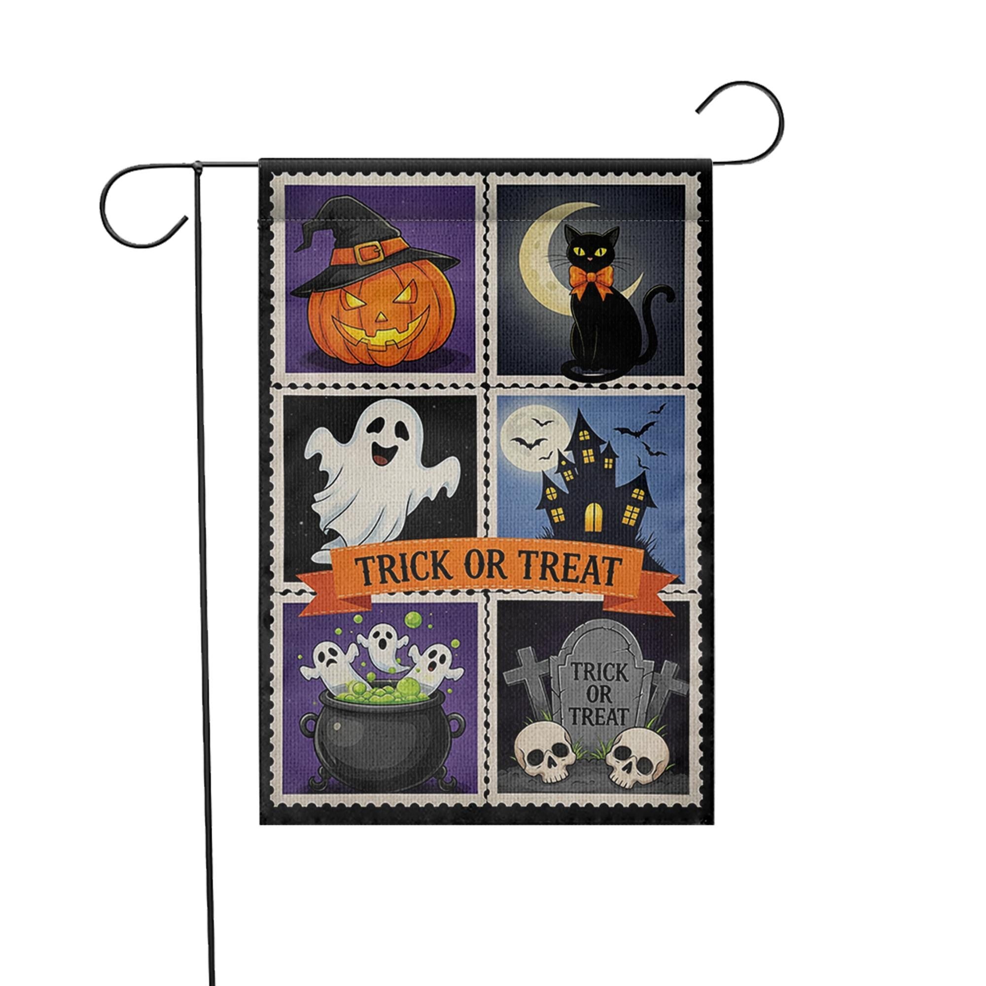 Trick or Treat Halloween Garden Flag – Cute Spooky Yard Decor with Ghost, Cat, Pumpkin & Cauldron Design