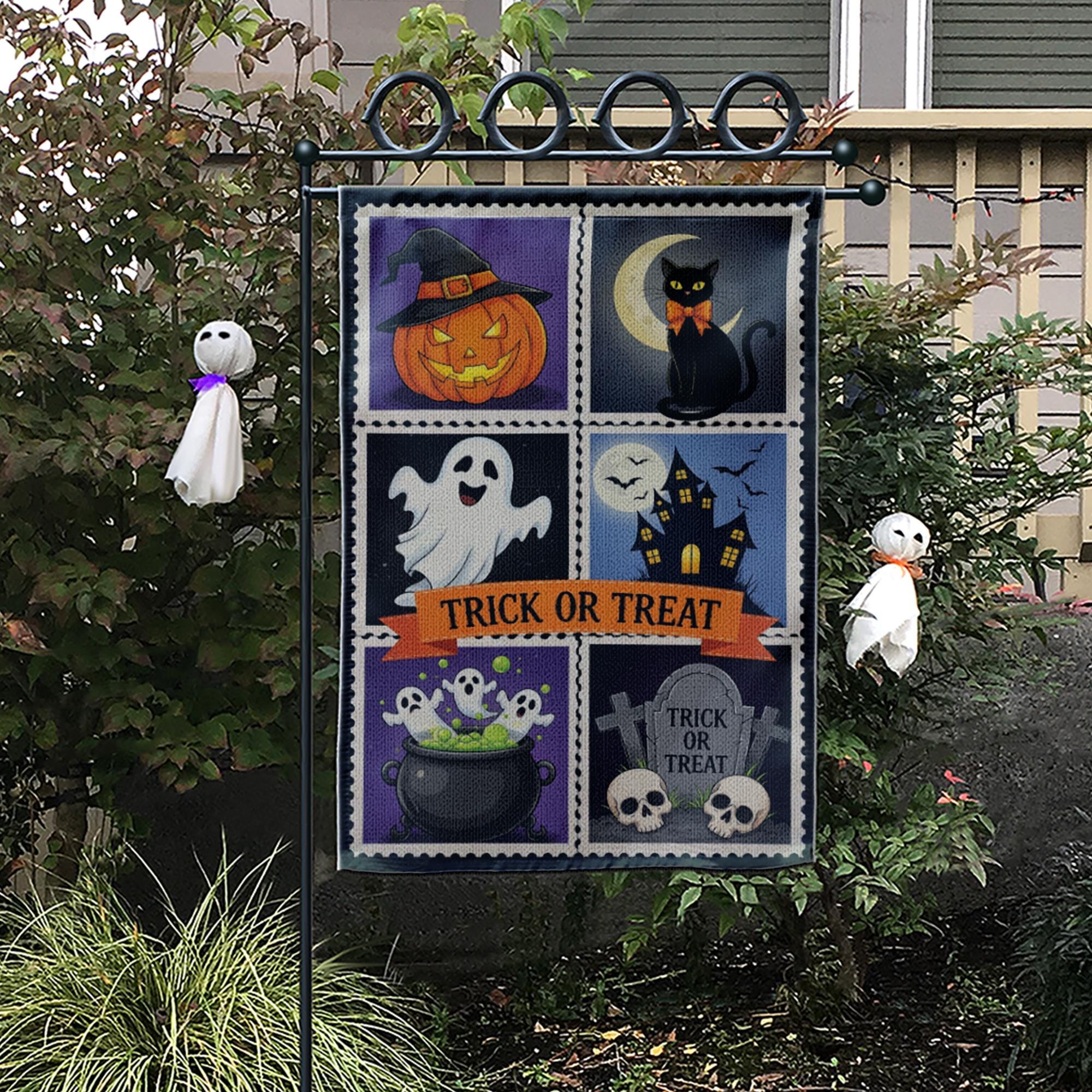 Trick or Treat Halloween Garden Flag – Cute Spooky Yard Decor with Ghost, Cat, Pumpkin & Cauldron Design
