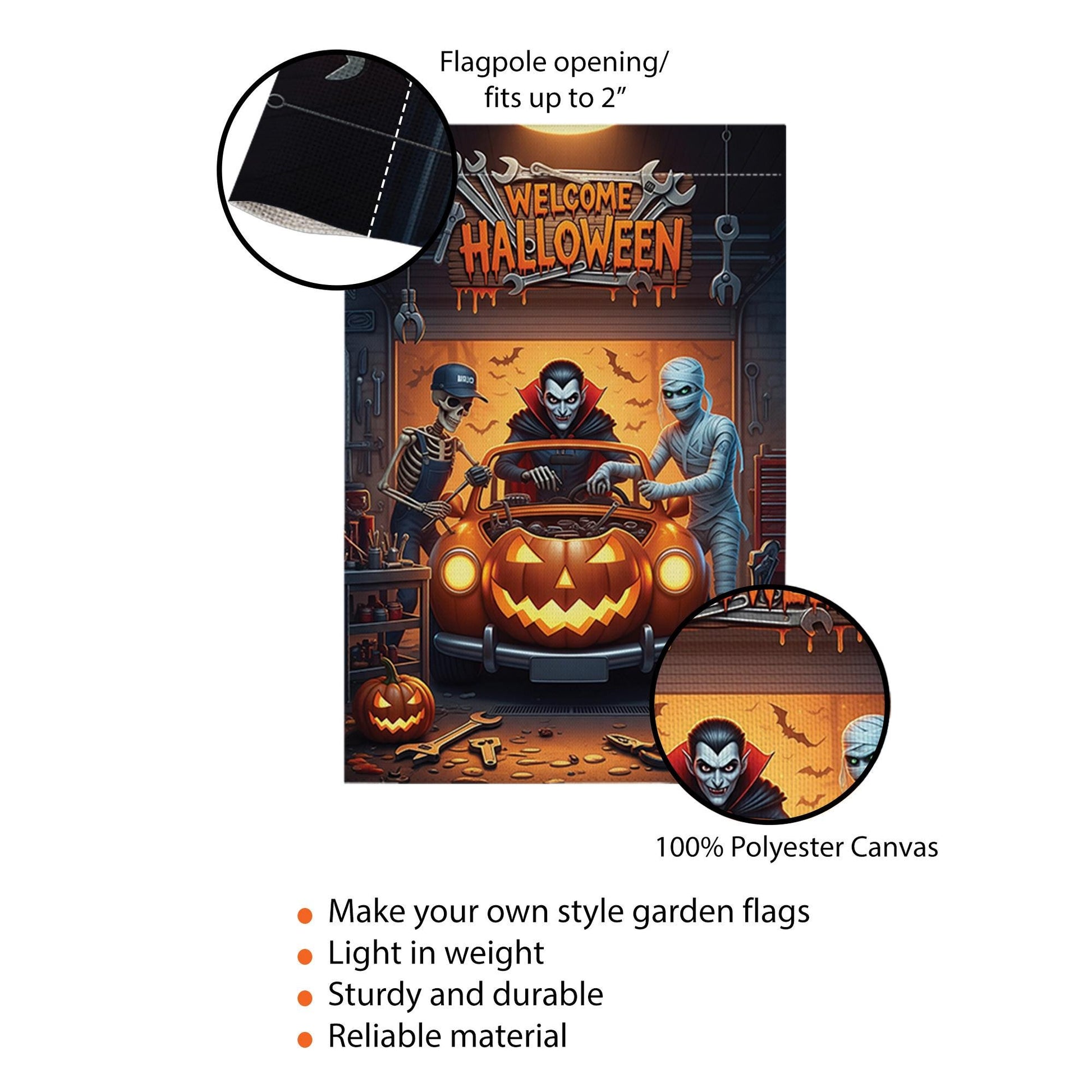 Welcome Halloween Garage Flag – Funny Car Repair Yard Decor with Dracula, Mummy, Skeleton & Pumpkin Car