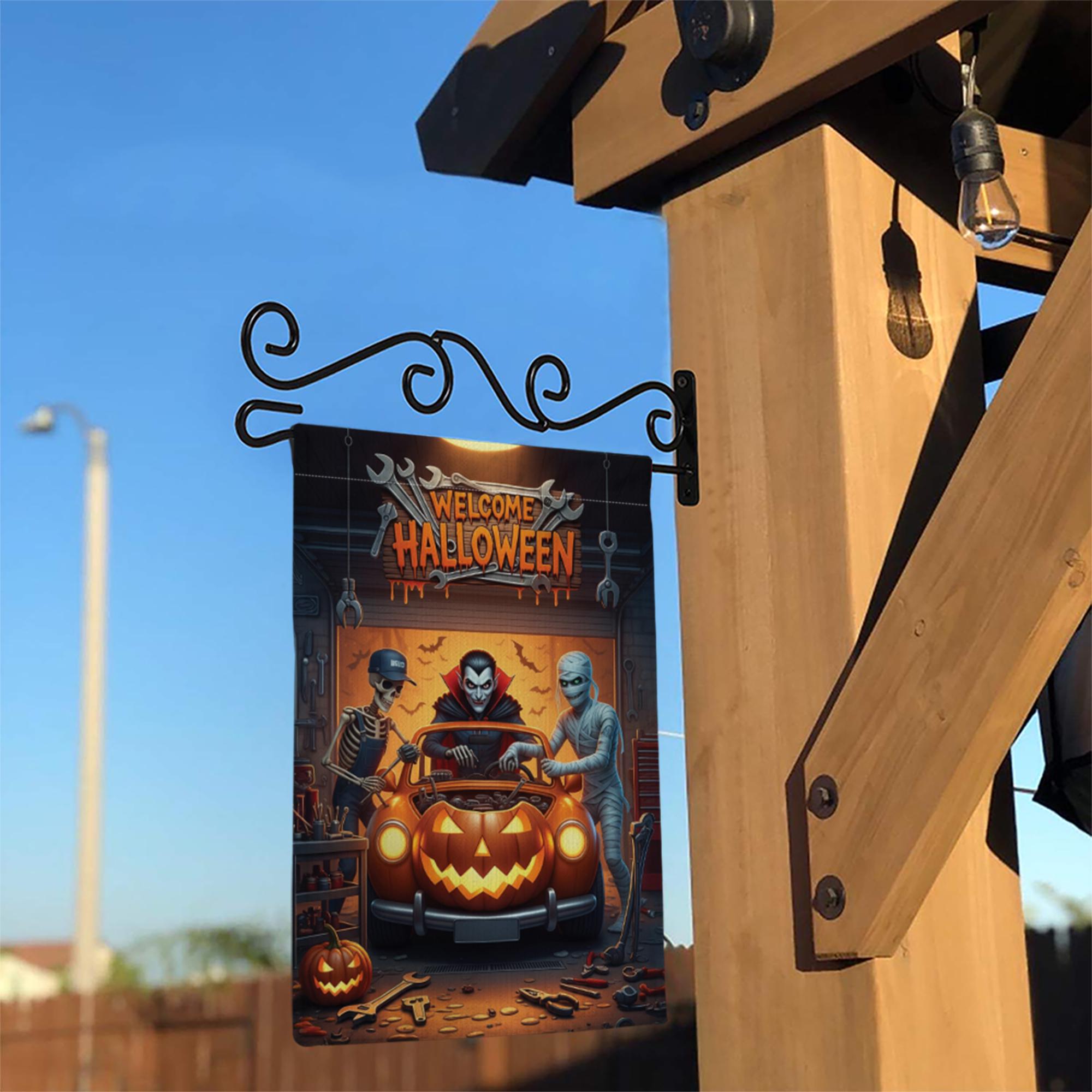 Welcome Halloween Garage Flag – Funny Car Repair Yard Decor with Dracula, Mummy, Skeleton & Pumpkin Car