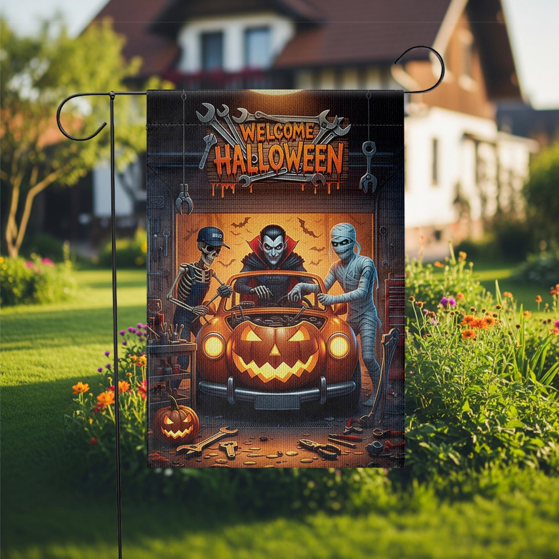 Welcome Halloween Garage Flag – Funny Car Repair Yard Decor with Dracula, Mummy, Skeleton & Pumpkin Car