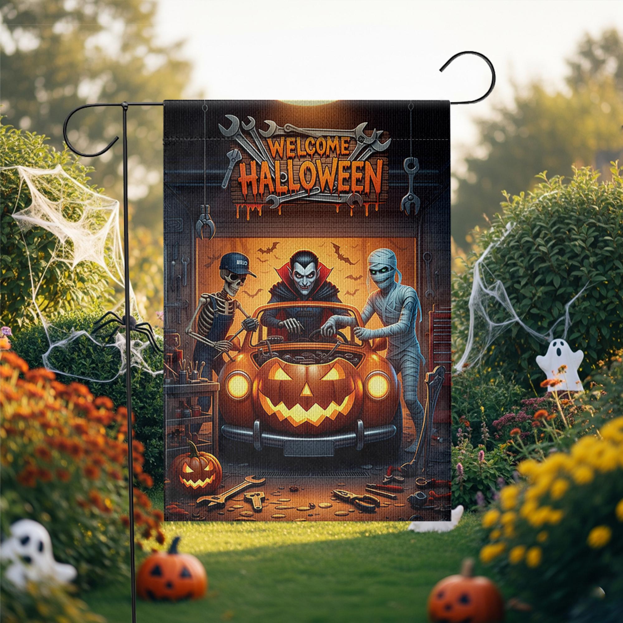Welcome Halloween Garage Flag – Funny Car Repair Yard Decor with Dracula, Mummy, Skeleton & Pumpkin Car