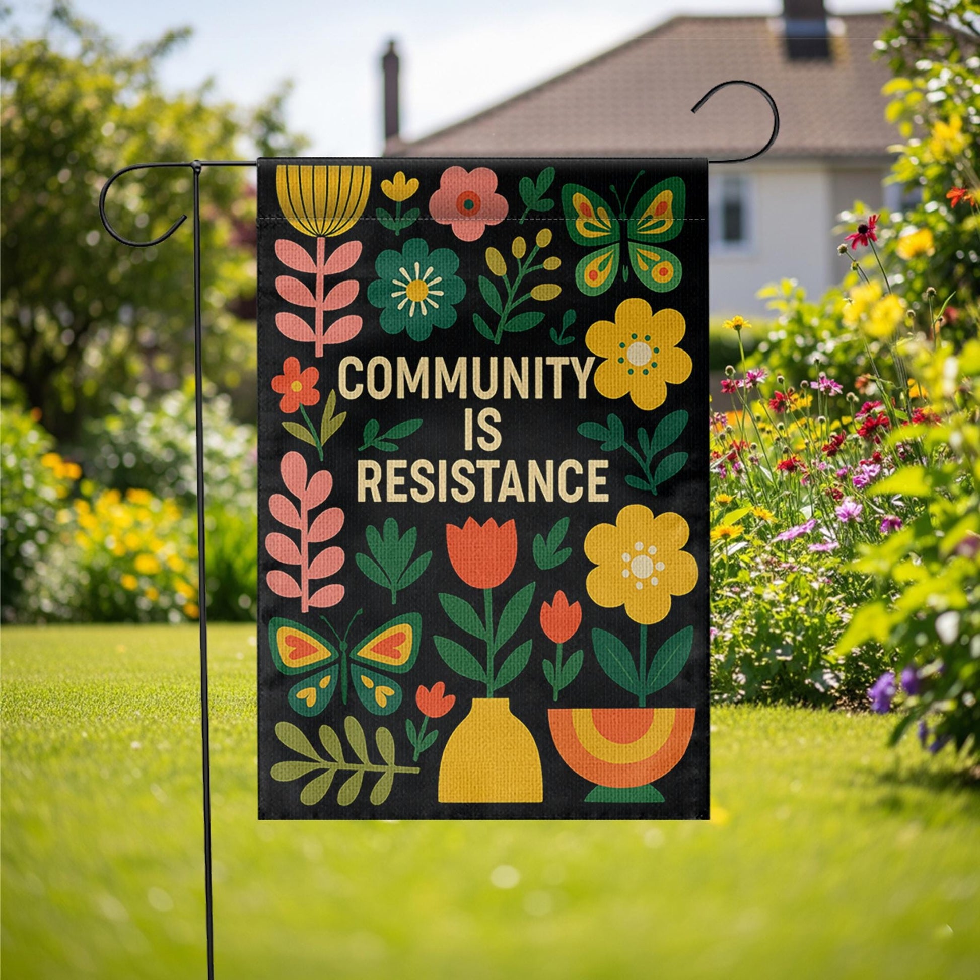 Community Is Resistance Garden Flag, Colorful Floral Yard Sign, Social Justice Outdoor Decor, Mutual Aid Activist Gift Banner