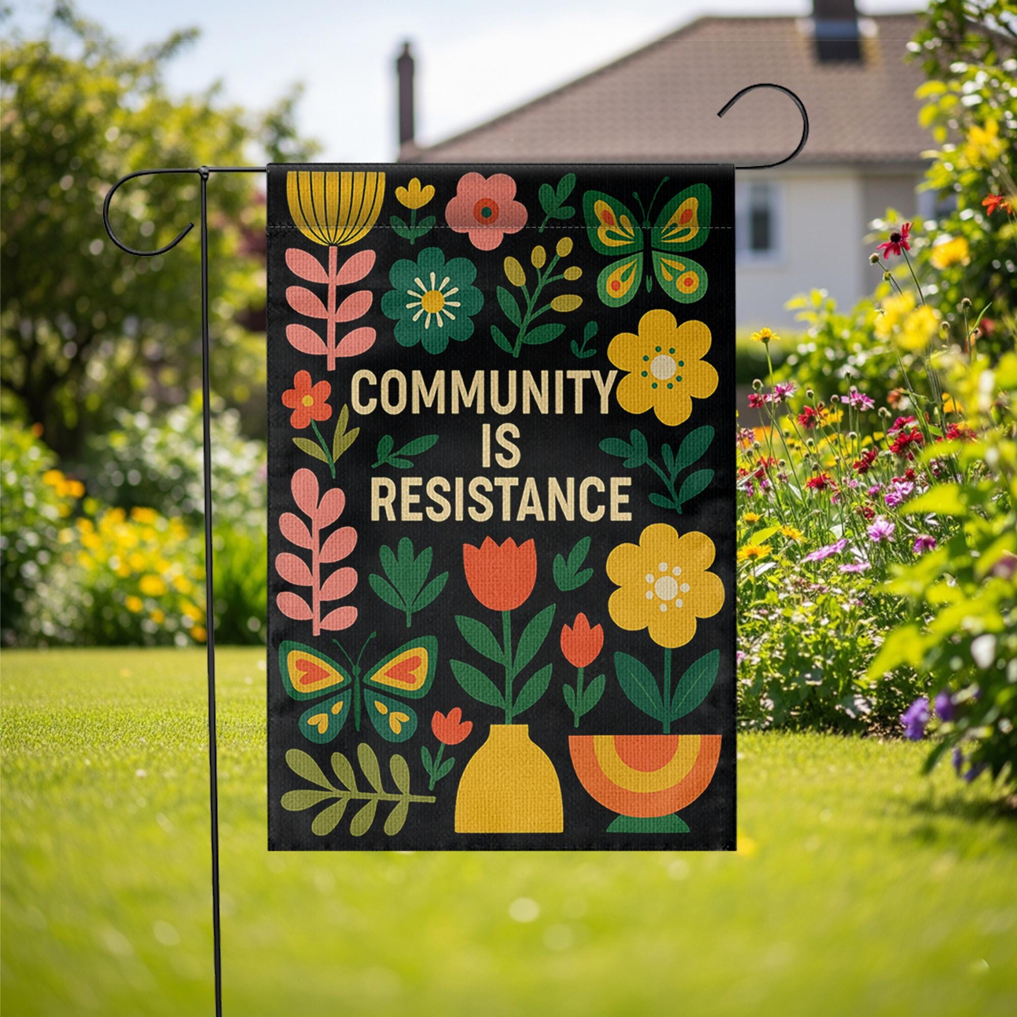 Community Is Resistance Garden Flag, Colorful Floral Yard Sign, Social Justice Outdoor Decor, Mutual Aid Activist Gift Banner