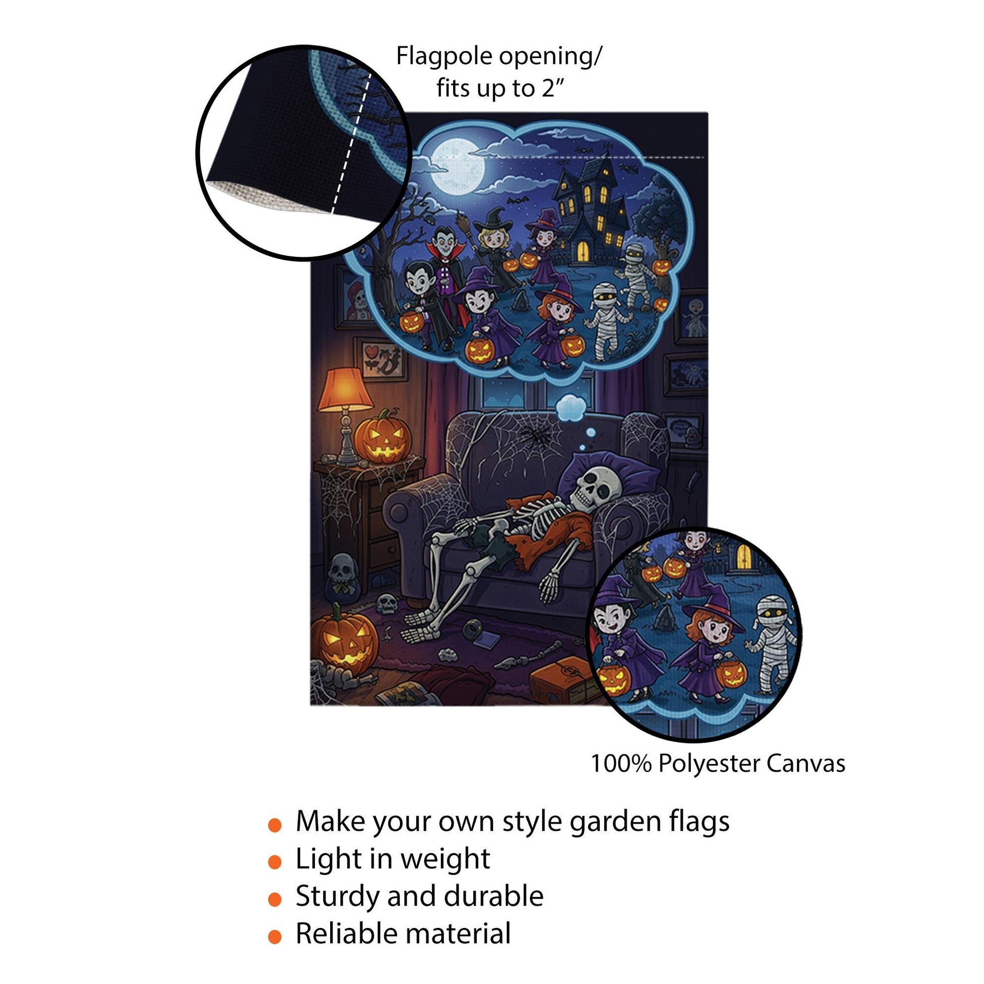 Funny Skeleton Halloween Garden Flag – Trick or Treat Dream Scene, Spooky Fall Couch Decor with Pumpkins