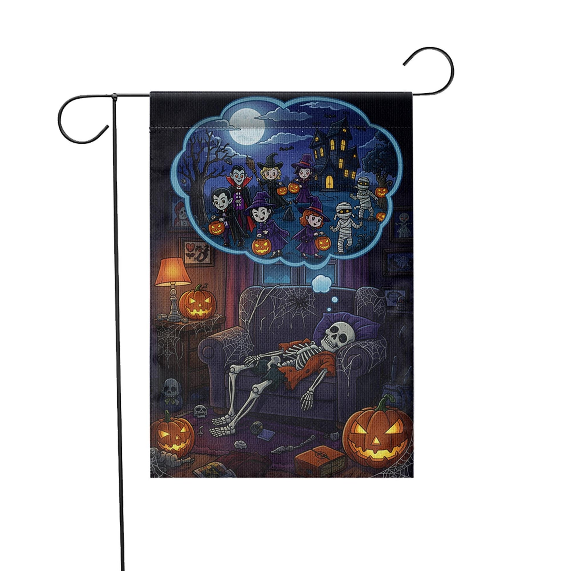 Funny Skeleton Halloween Garden Flag – Trick or Treat Dream Scene, Spooky Fall Couch Decor with Pumpkins