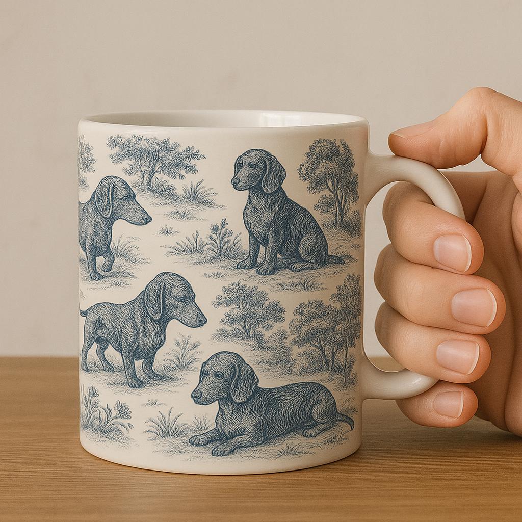Toile de Jouy style Dachshund Mug, Vintage Style Sausage Dog Coffee Cup, Elegant Wiener Dog Gift for Her, French Country Dog Lover Decor