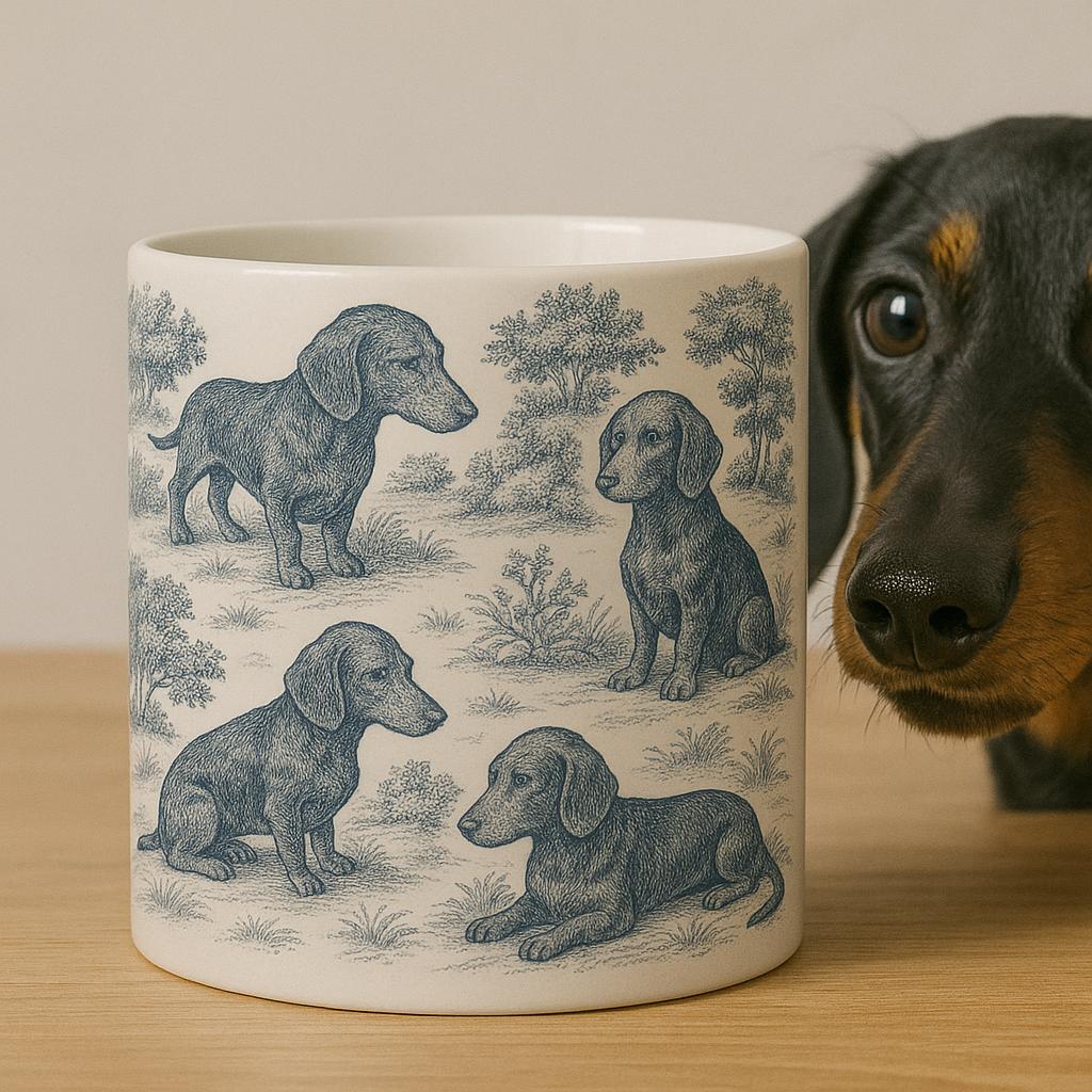 Toile de Jouy style Dachshund Mug, Vintage Style Sausage Dog Coffee Cup, Elegant Wiener Dog Gift for Her, French Country Dog Lover Decor