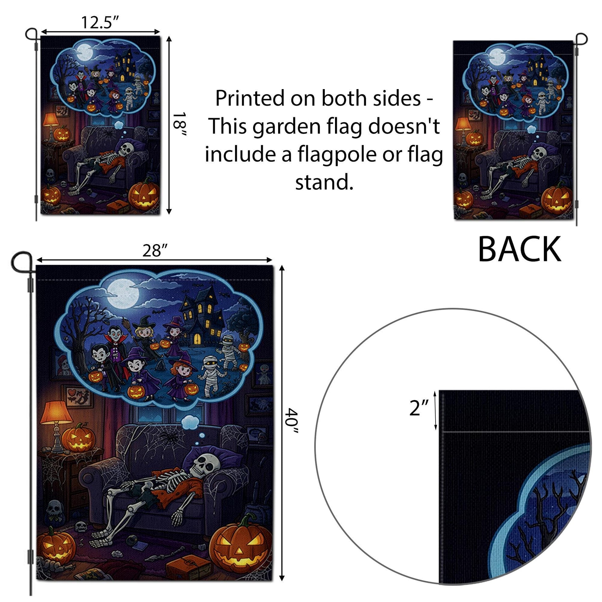 Funny Skeleton Halloween Garden Flag – Trick or Treat Dream Scene, Spooky Fall Couch Decor with Pumpkins