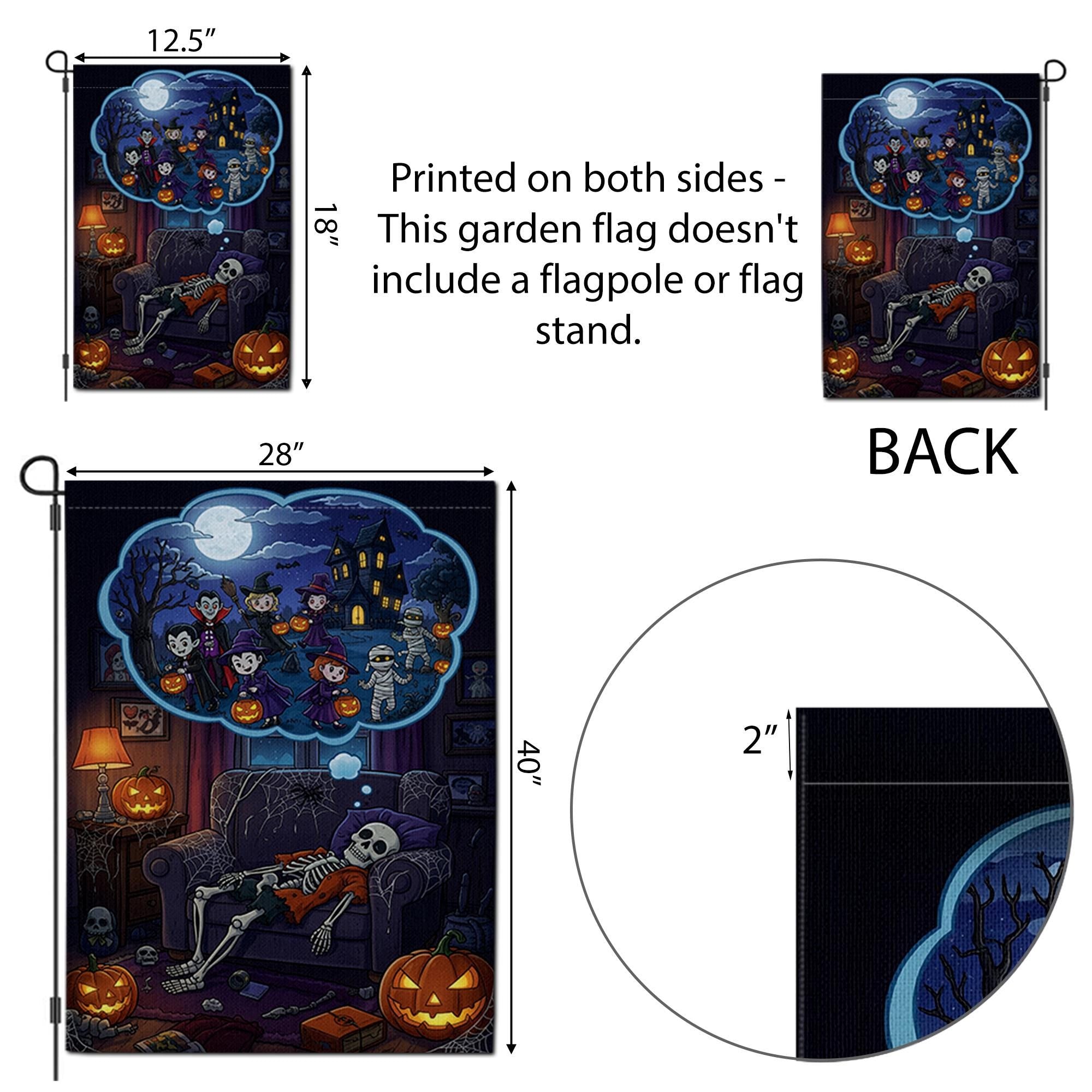 Funny Skeleton Halloween Garden Flag – Trick or Treat Dream Scene, Spooky Fall Couch Decor with Pumpkins
