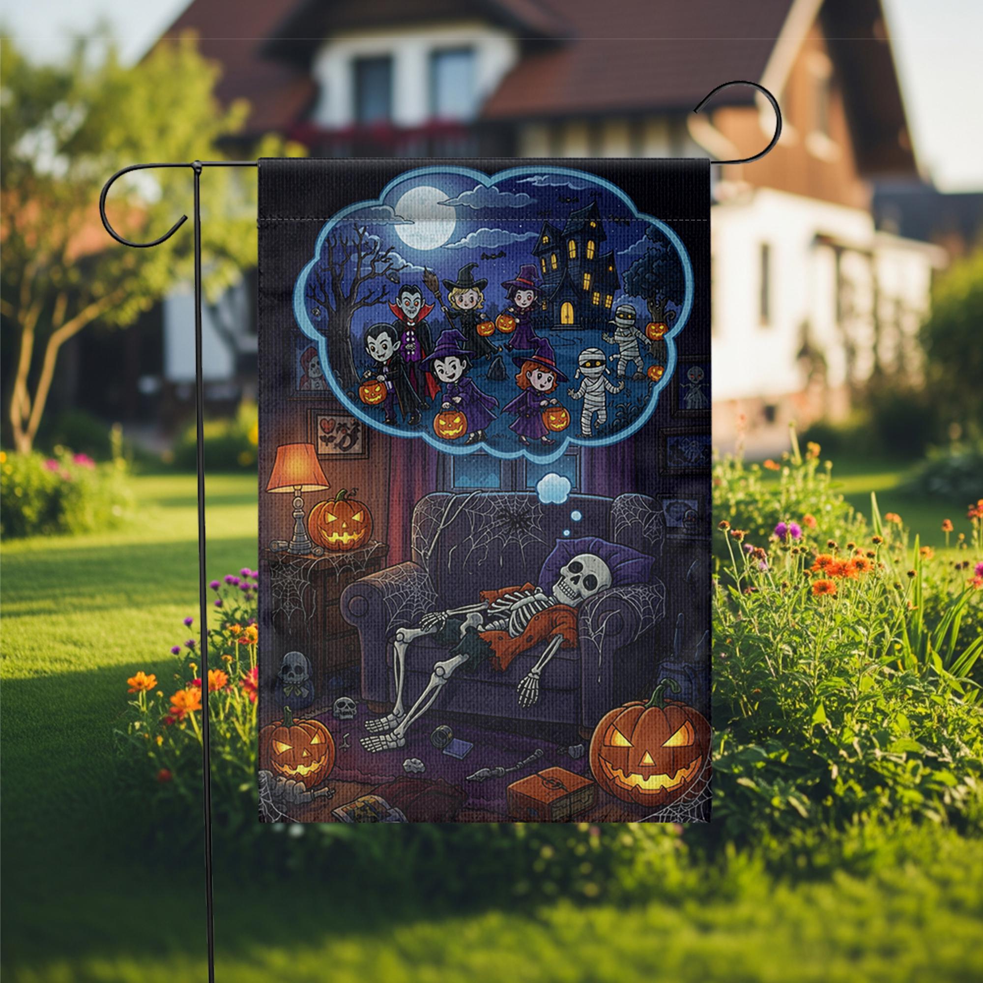 Funny Skeleton Halloween Garden Flag – Trick or Treat Dream Scene, Spooky Fall Couch Decor with Pumpkins