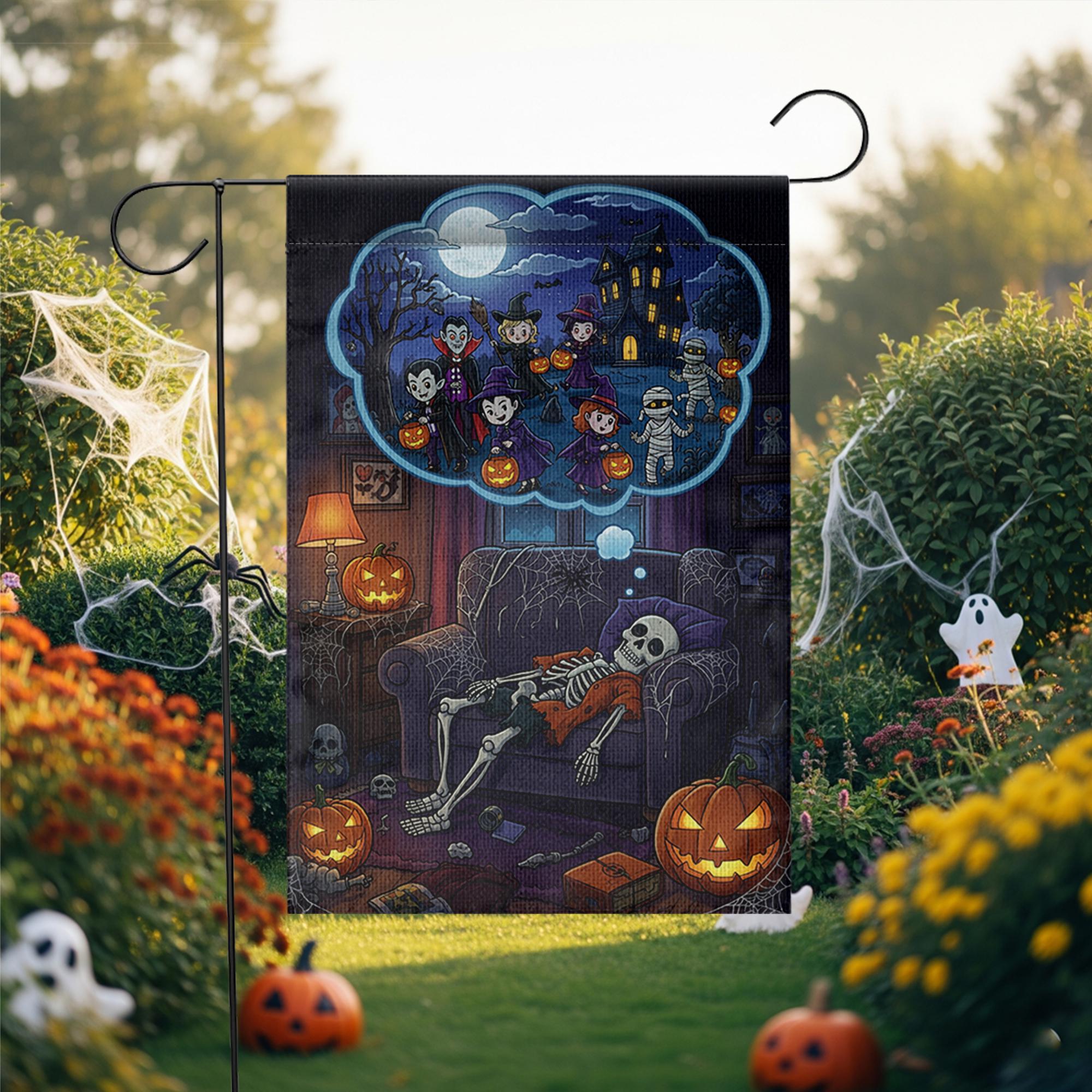 Funny Skeleton Halloween Garden Flag – Trick or Treat Dream Scene, Spooky Fall Couch Decor with Pumpkins