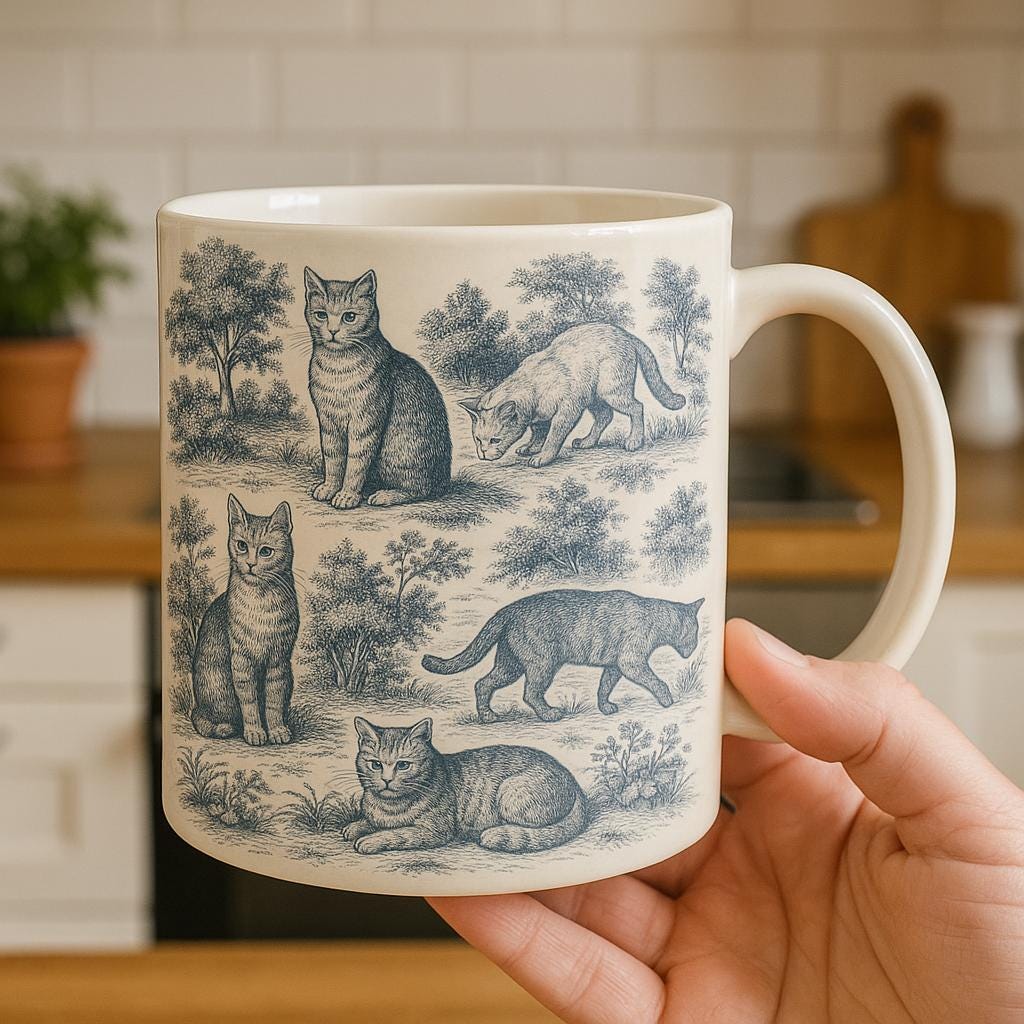 Toile de Jouy Cat Mug, Vintage French Style Coffee Cup for Cat Lovers, Elegant Kitty Teacup Gift, Cottagecore Cat Aesthetic Decor
