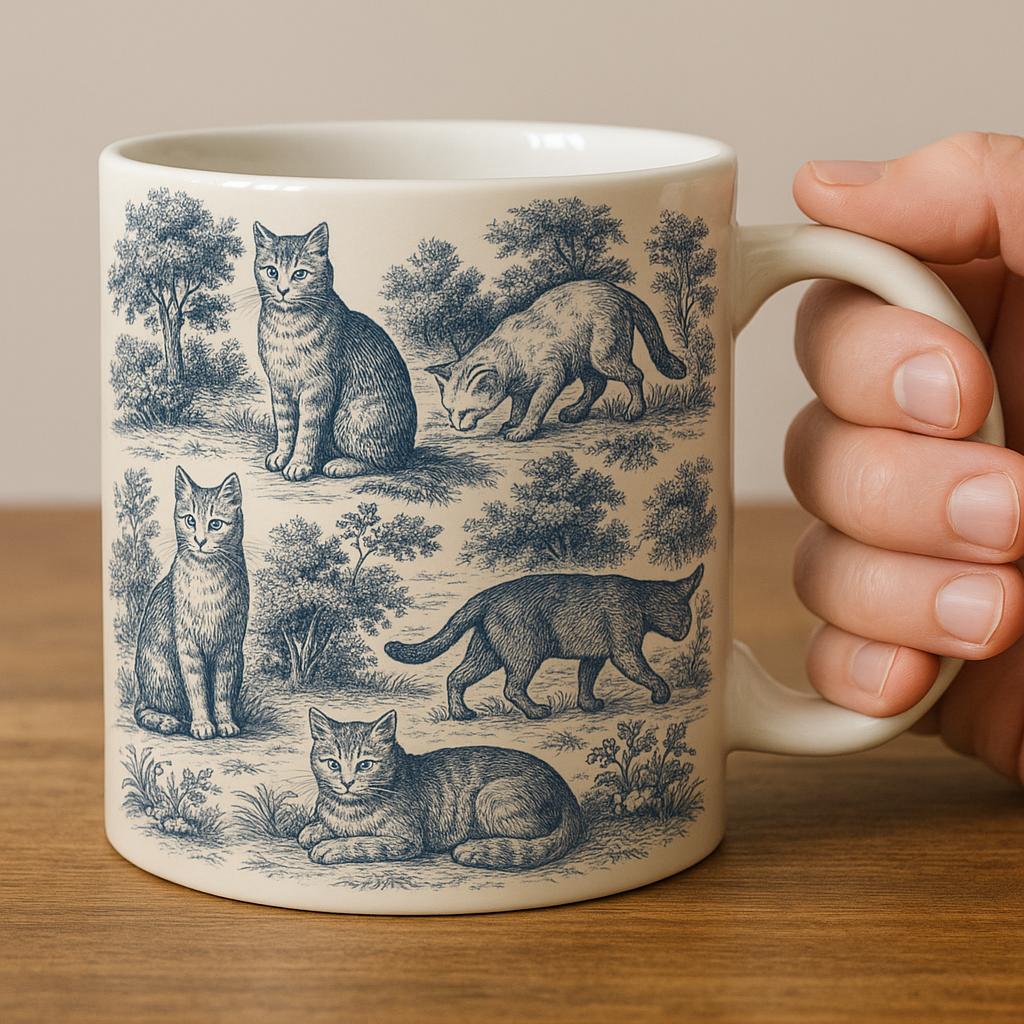 Toile de Jouy Cat Mug, Vintage French Style Coffee Cup for Cat Lovers, Elegant Kitty Teacup Gift, Cottagecore Cat Aesthetic Decor